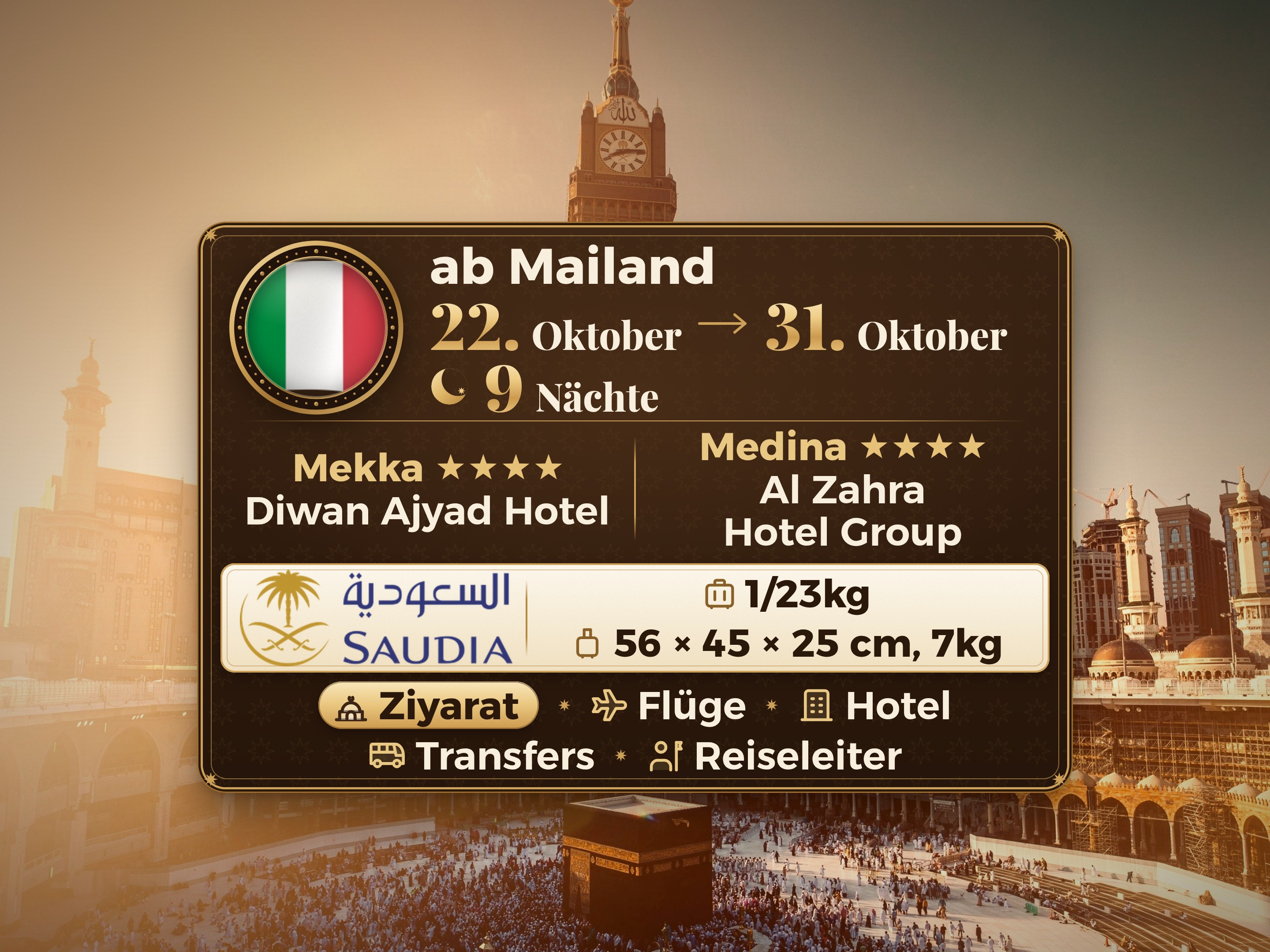 Umrah-Paket 10 Tage 9 Nächte - Emaar Al Diwan Ajyad Hotel Makkah - Al Zahraa Hotel Group Madinah