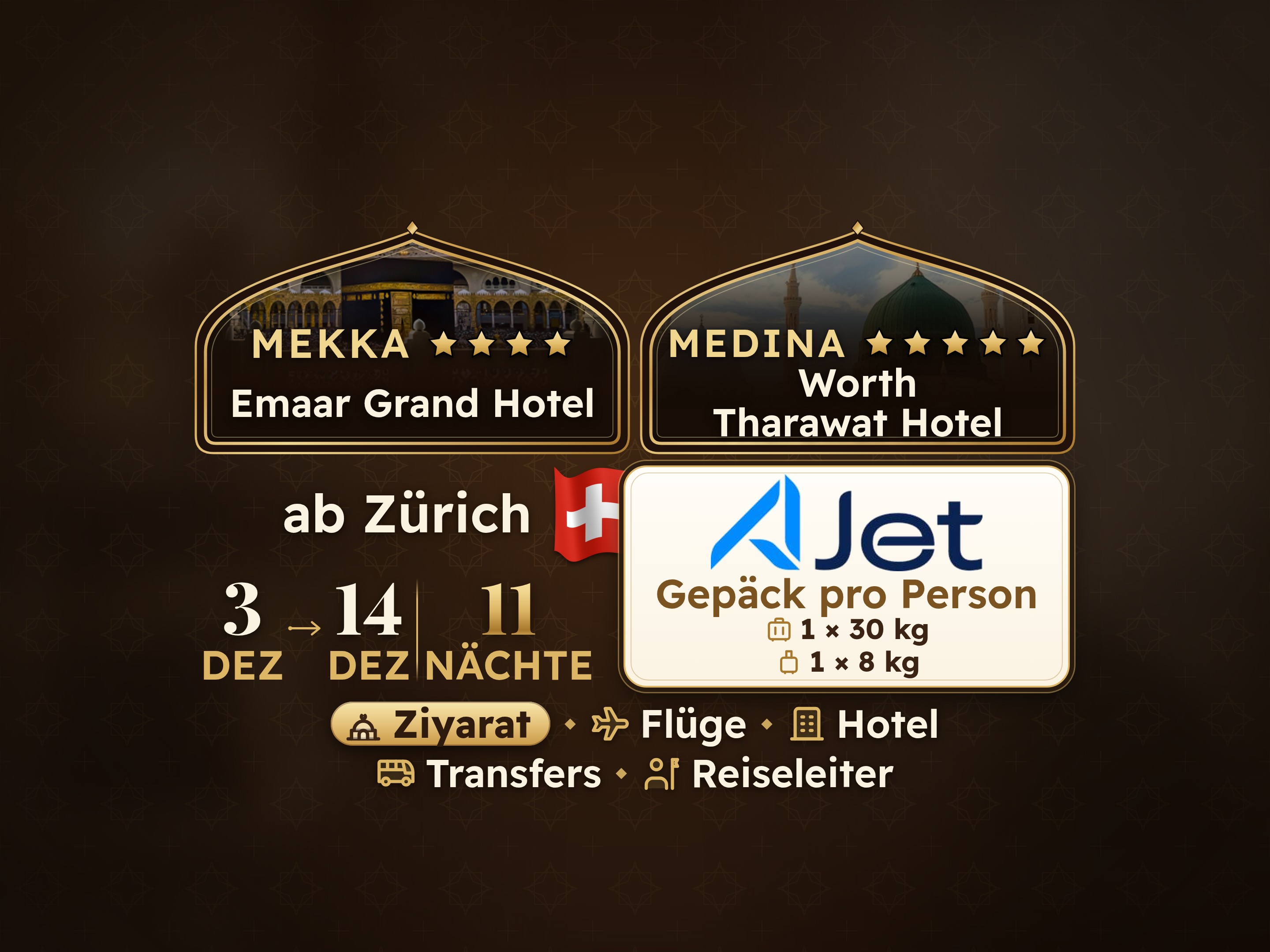 Umrah-Paket 13 Tage ab Zürich, Tharawat Worth Madinah und Emaar Grand Makkah
