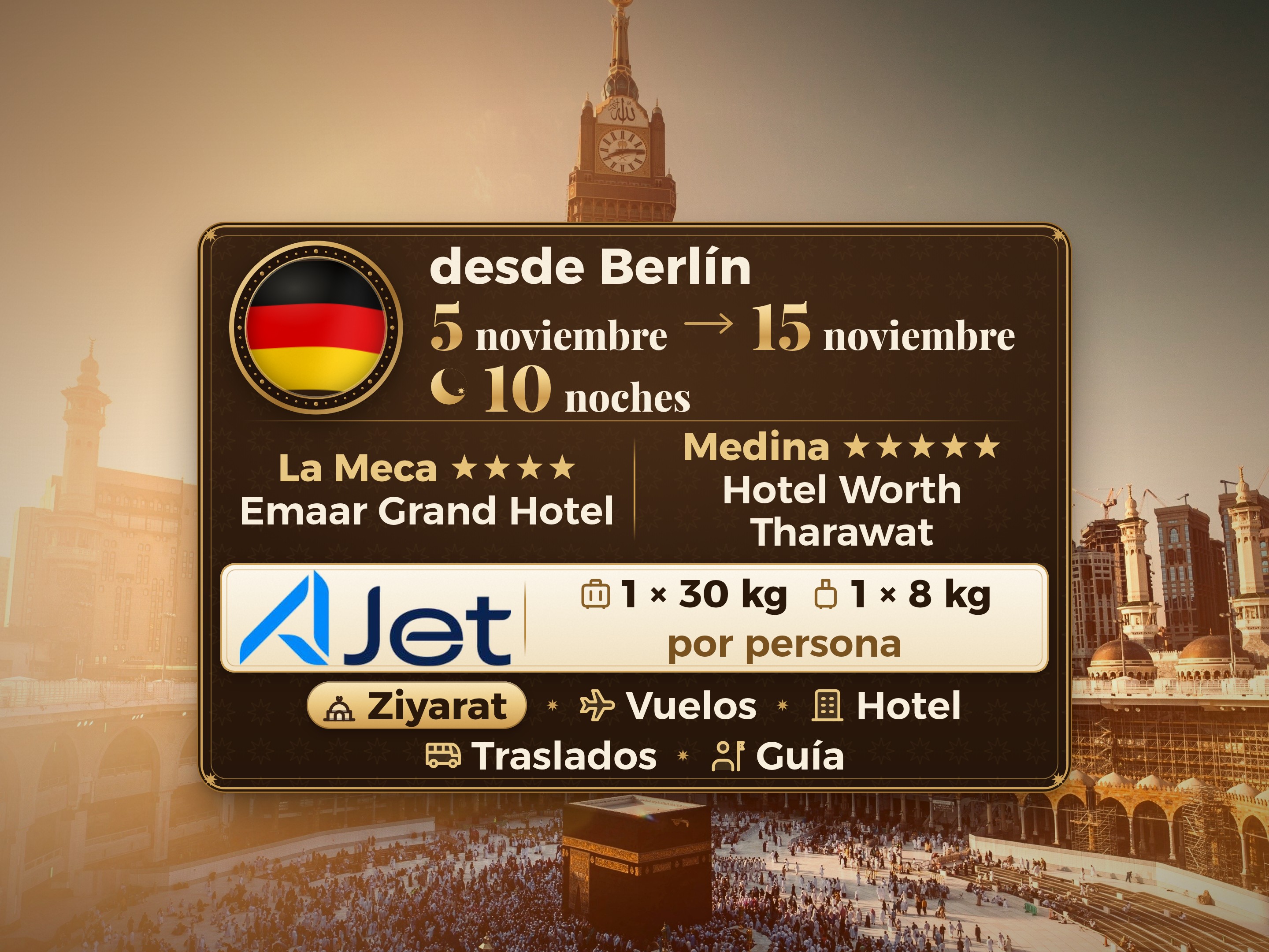 Paquete de Umrah de 12 días desde Berlín, Tharawat Worth Madinah y Emaar Grand Makkah, La Meca – Umrah Express – 1