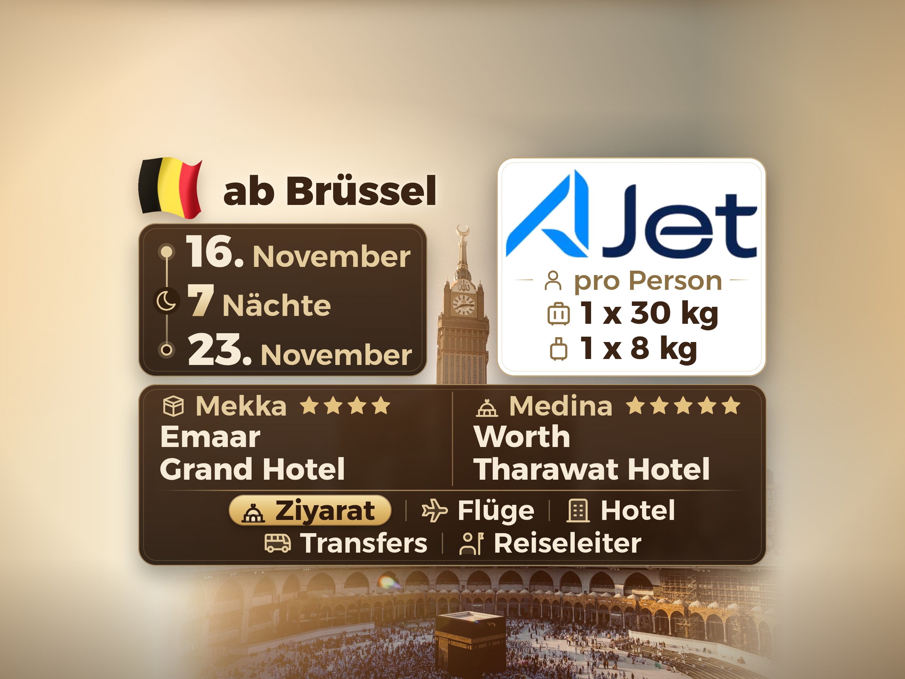 Umrah-Paket 9 Tage ab Brüssel, Tharawat Worth Madinah und Emaar Grand Makkah, Mekka – Umrah Express – 1