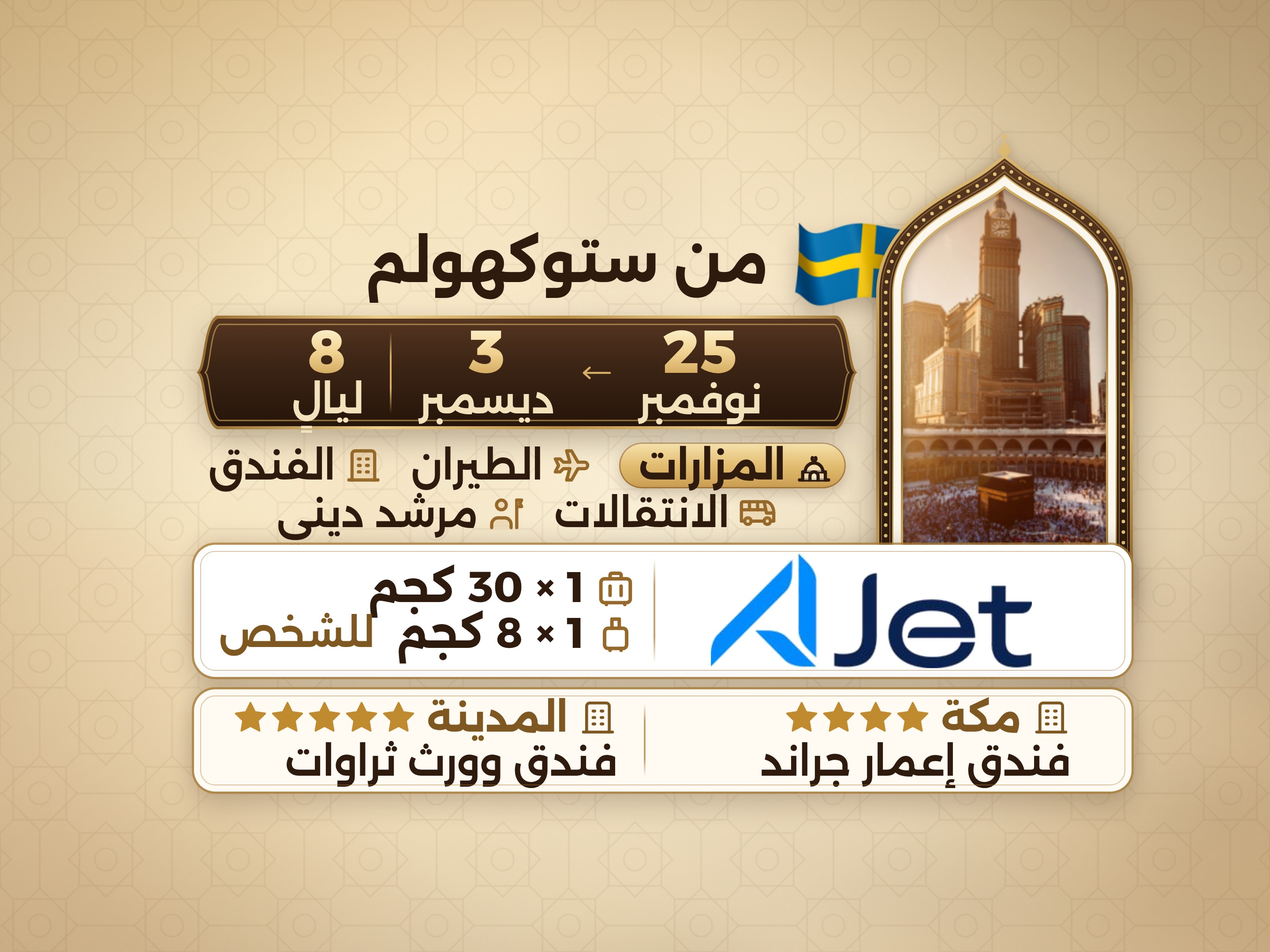 باقة العمرة لمدة 10 أيام من ستوكهولم، إمار جراند مكة وثروات المدينة