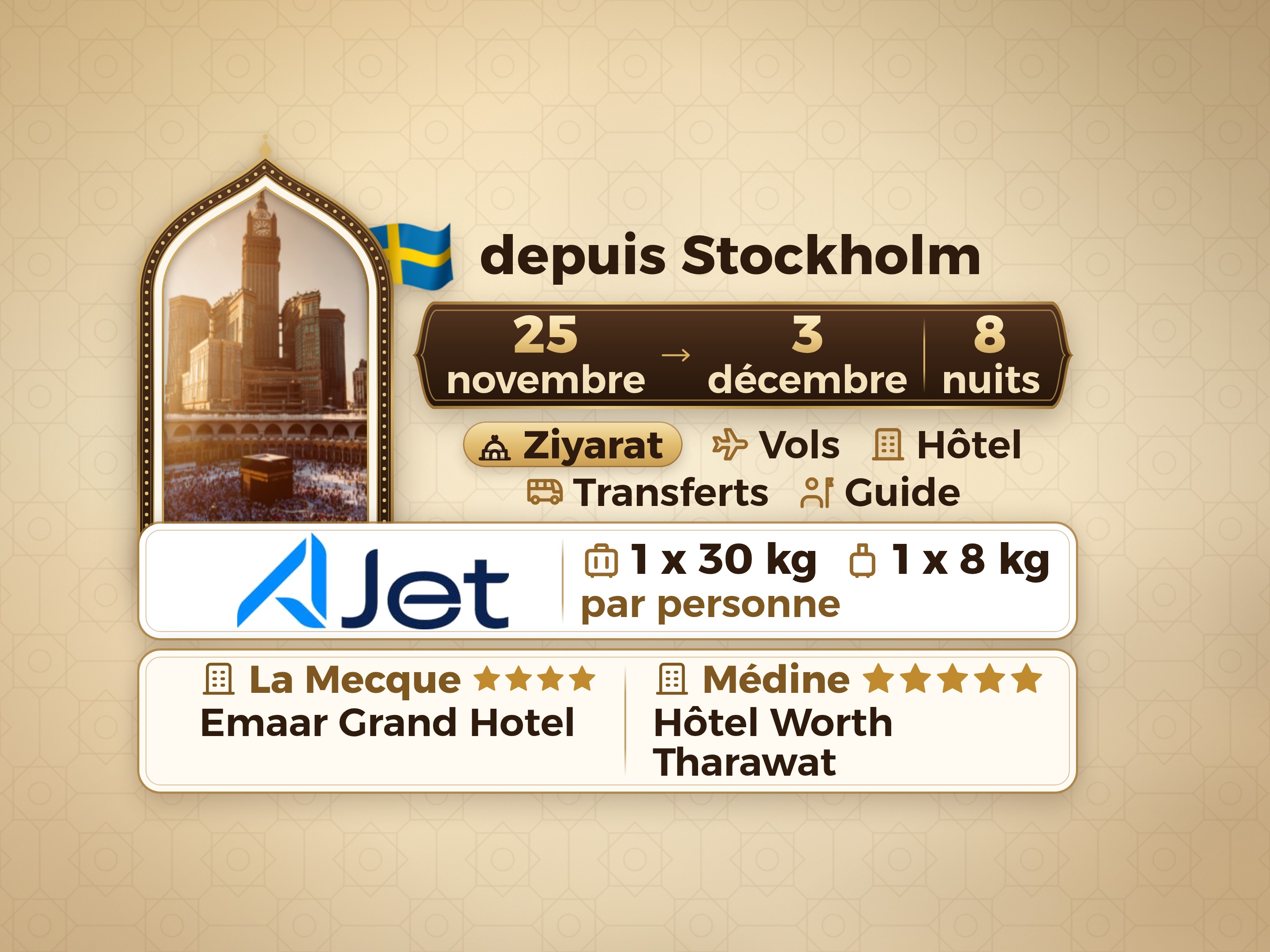 Forfait Umrah 10 Jours depuis Stockholm, Emaar Grand Makkah et Tharawat Worth Madinah