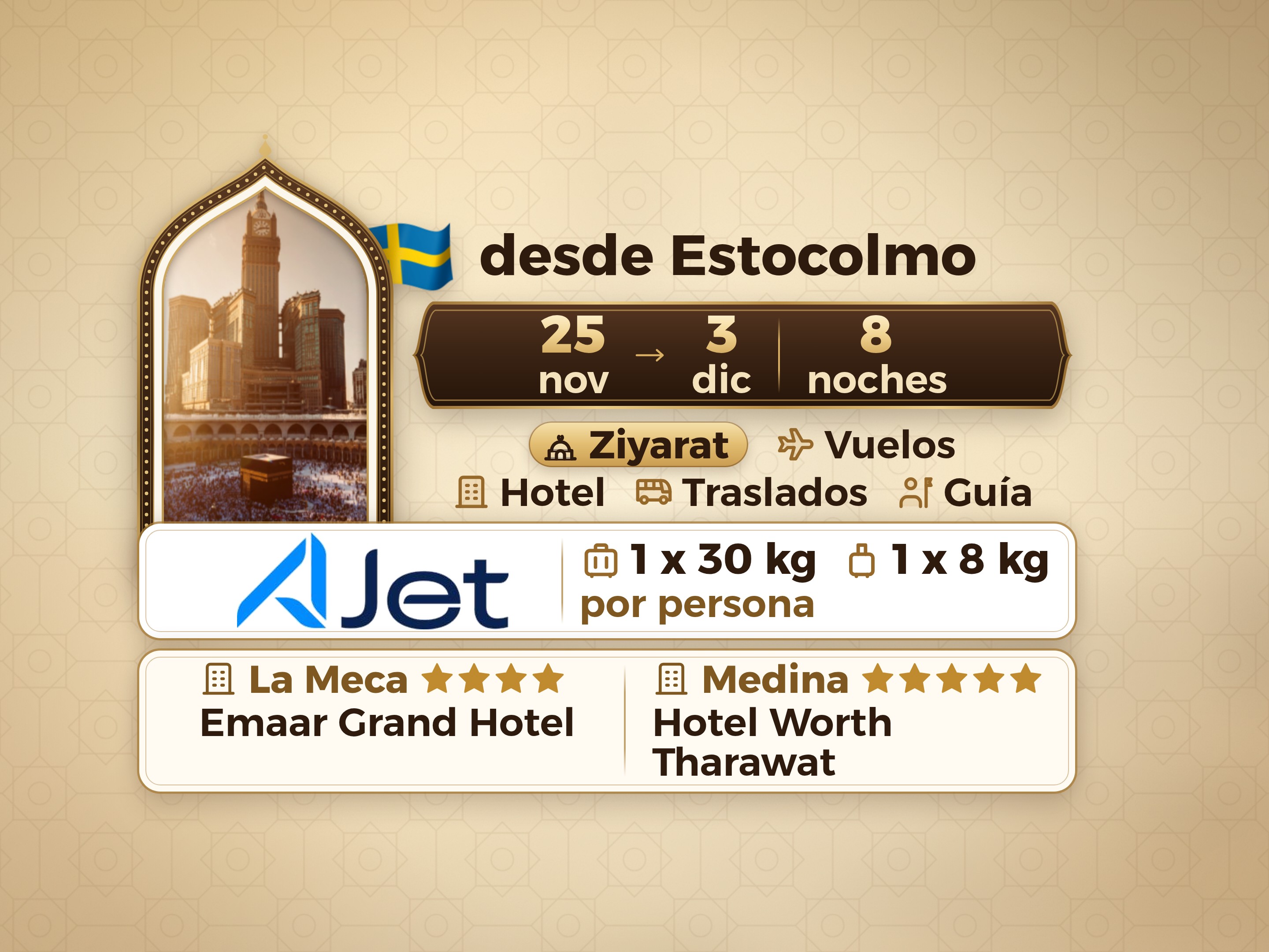 Paquete de Umrah de 10 Días desde Estocolmo, Emaar Grand Makkah y Tharawat Worth Madinah