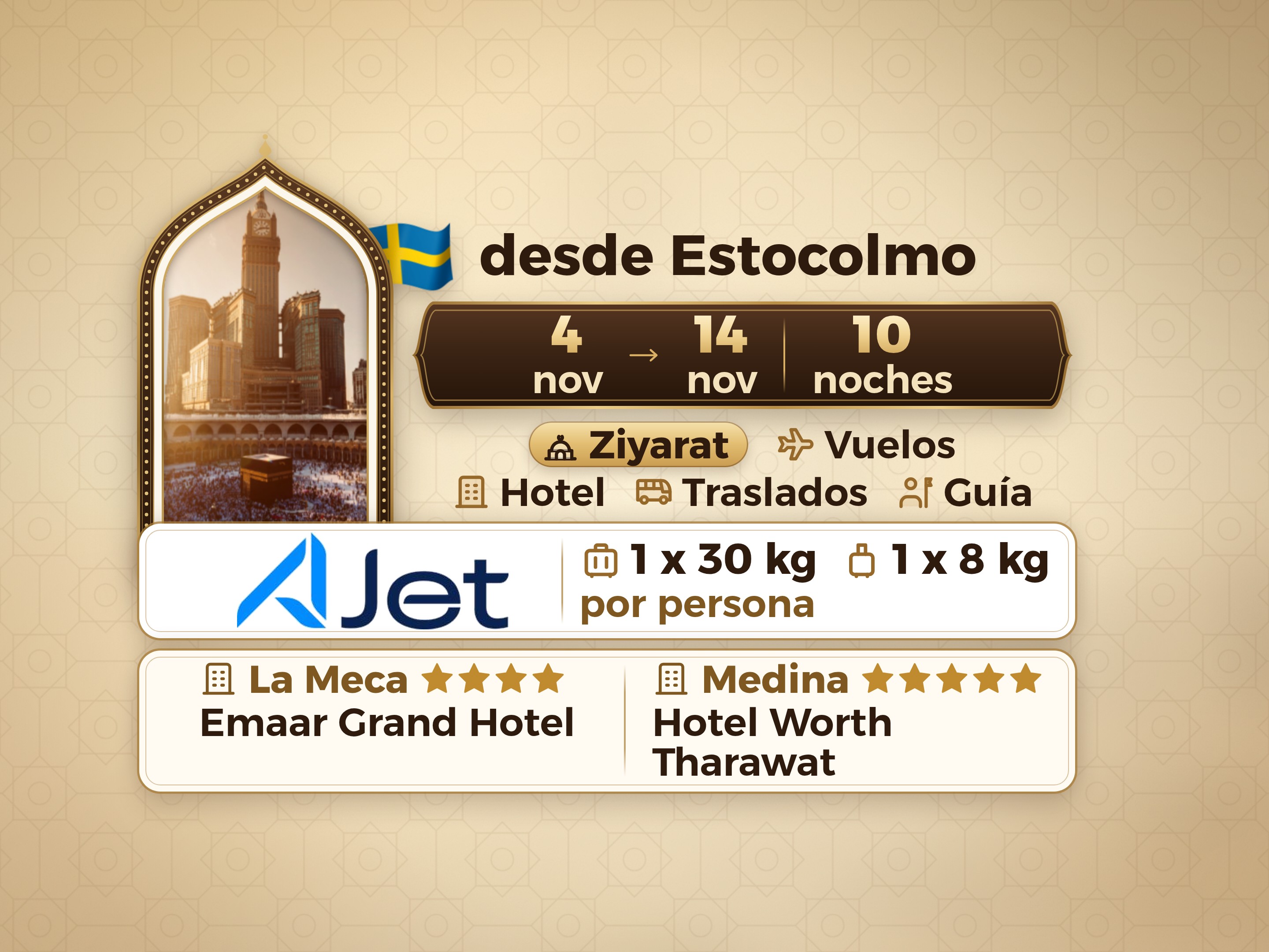 Paquete de Umrah de 12 días desde Estocolmo, Emaar Grand Makkah y Tharawat Worth Madinah
