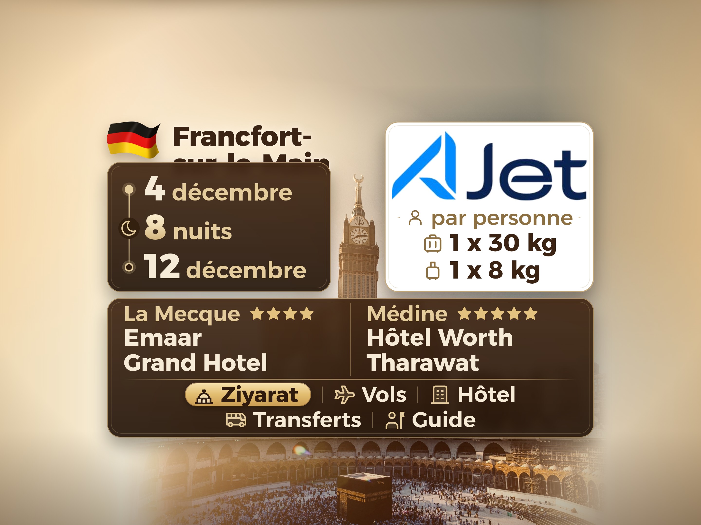 Forfait Umrah 10 Jours depuis Francfort, Emaar Grand Makkah et Tharawat Worth Madinah, La Mecque – Umrah Express – 1