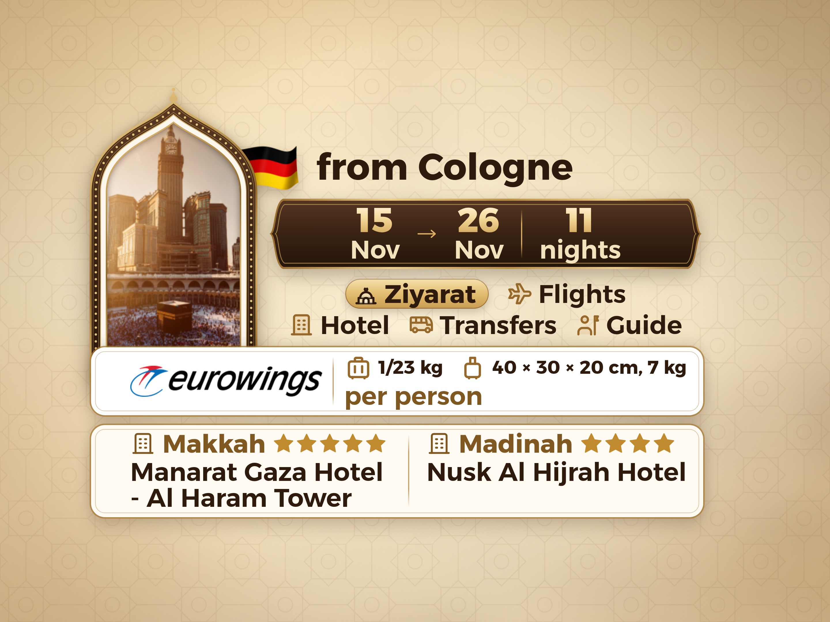 12-Day and 11-Night Umrah Package at Manarat Giza Hotel in Mecca and Nusk Al-Hijra Hotel in Medina