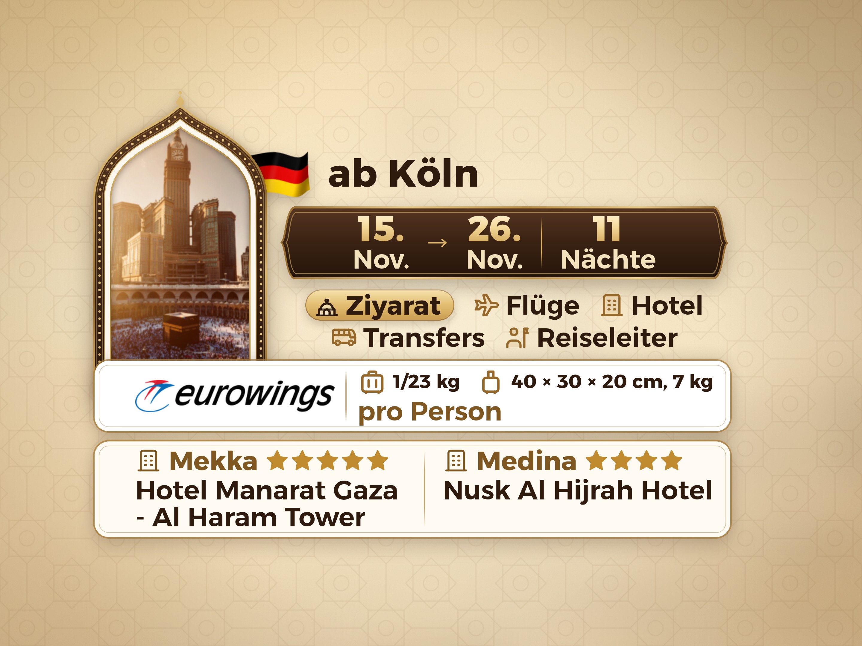 12-Tage- und 11-Nächte-Umrah-Paket im Manarat Giza Hotel in Mekka und im Nusk Al-Hijra Hotel in Medina