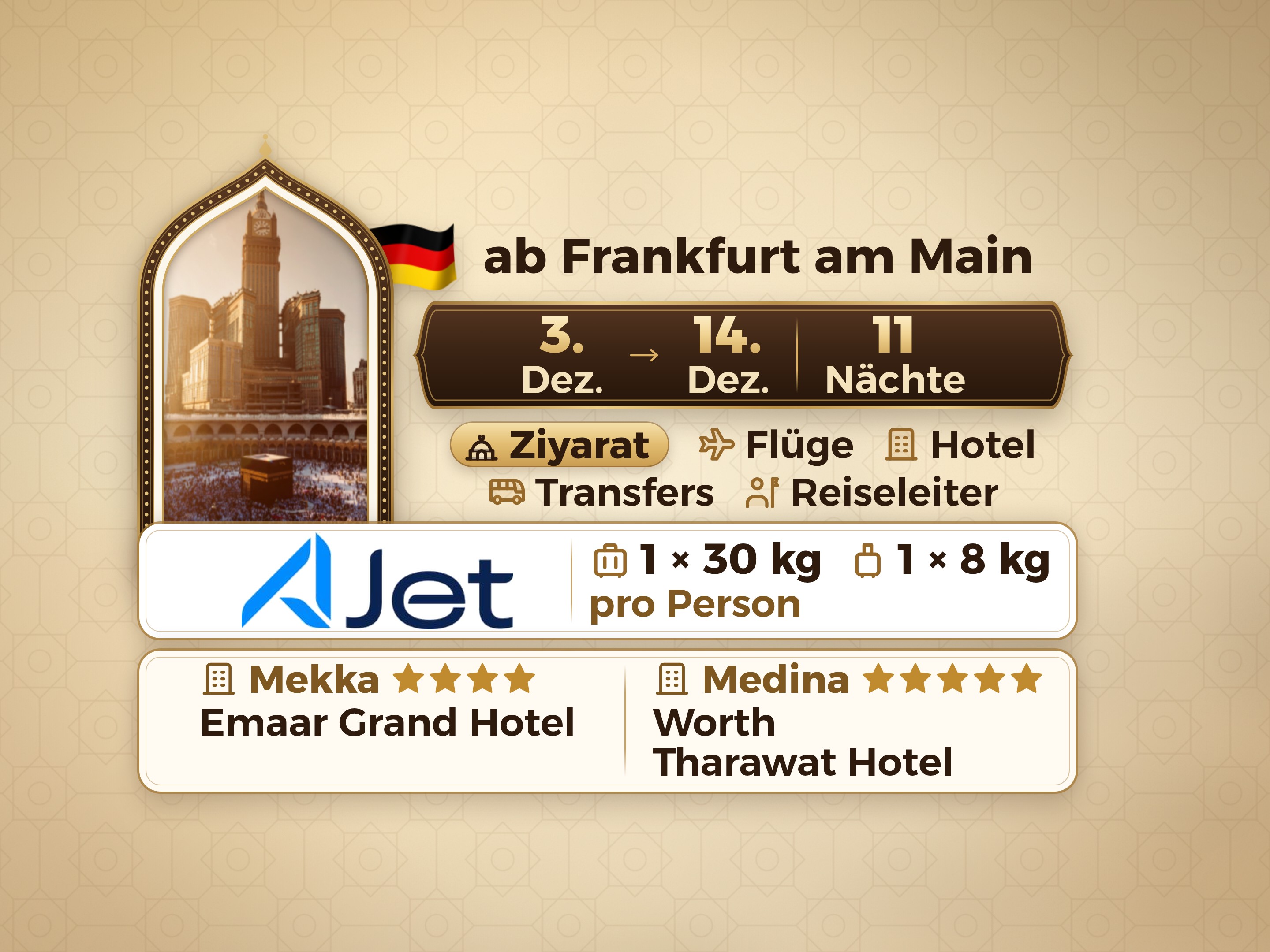 Umrah-Paket 13 Tage ab Frankfurt, Tharawat Worth Madinah und Emaar Grand Makkah
