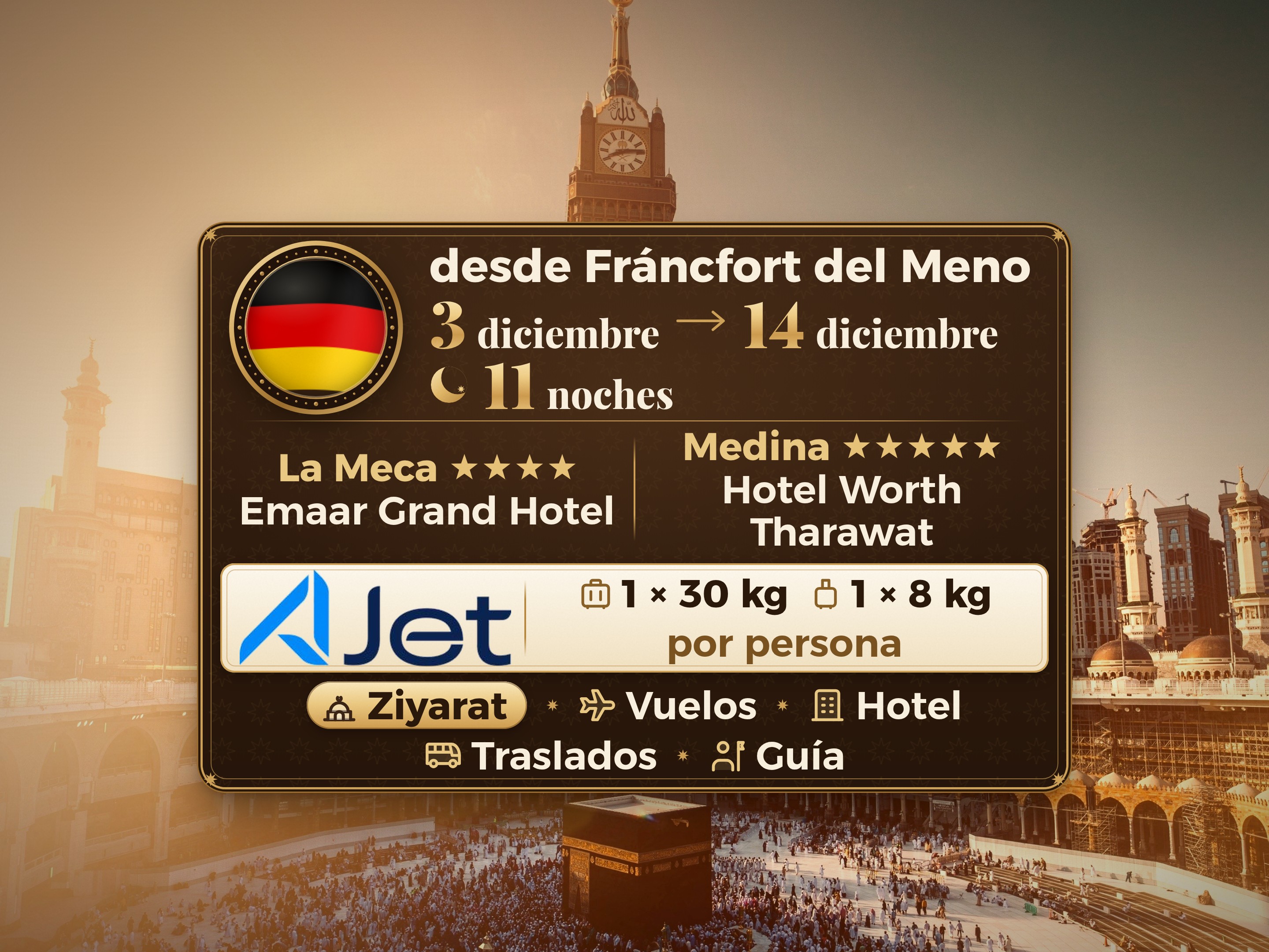 Paquete de Umrah de 13 días desde Frankfurt, Tharawat Worth Madinah y Emaar Grand Makkah
