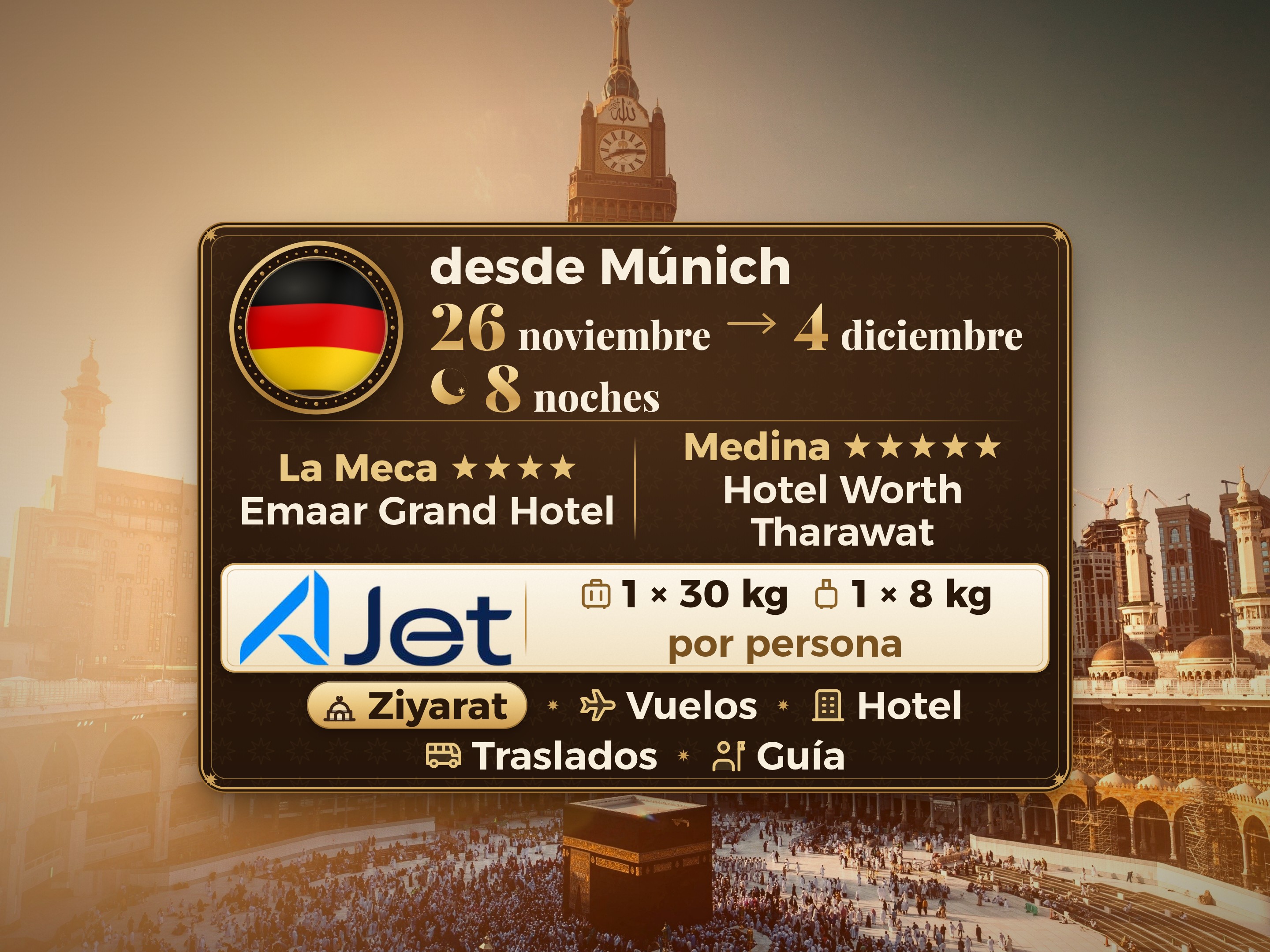 Paquete de Umrah de 10 Días desde Múnich, Tharawat Worth Madinah y Emaar Grand Makkah, La Meca – Umrah Express – 1