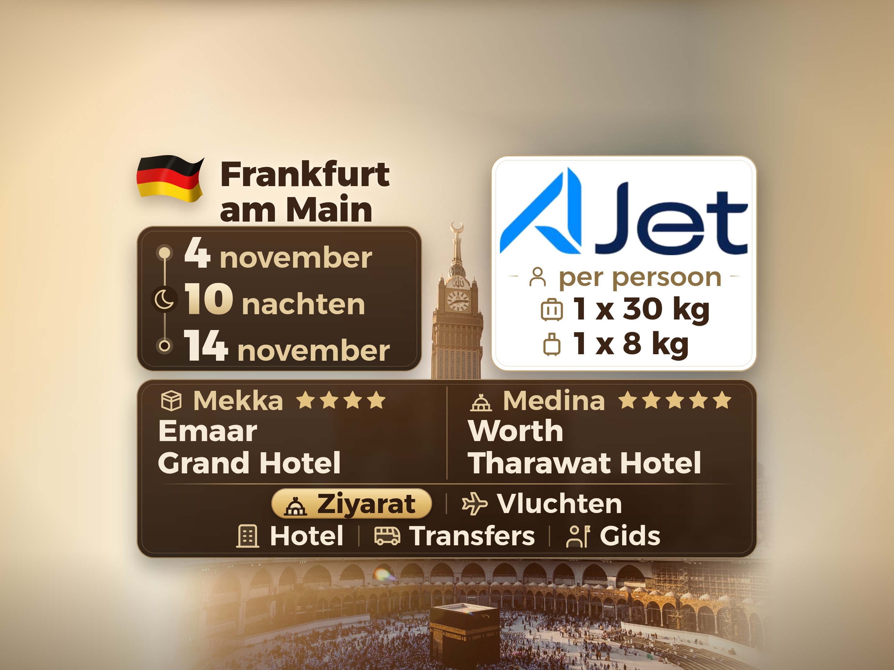 Umrah Pakket 12 Dagen vanaf Frankfurt, Emaar Grand Makkah en Tharawat Worth Madinah