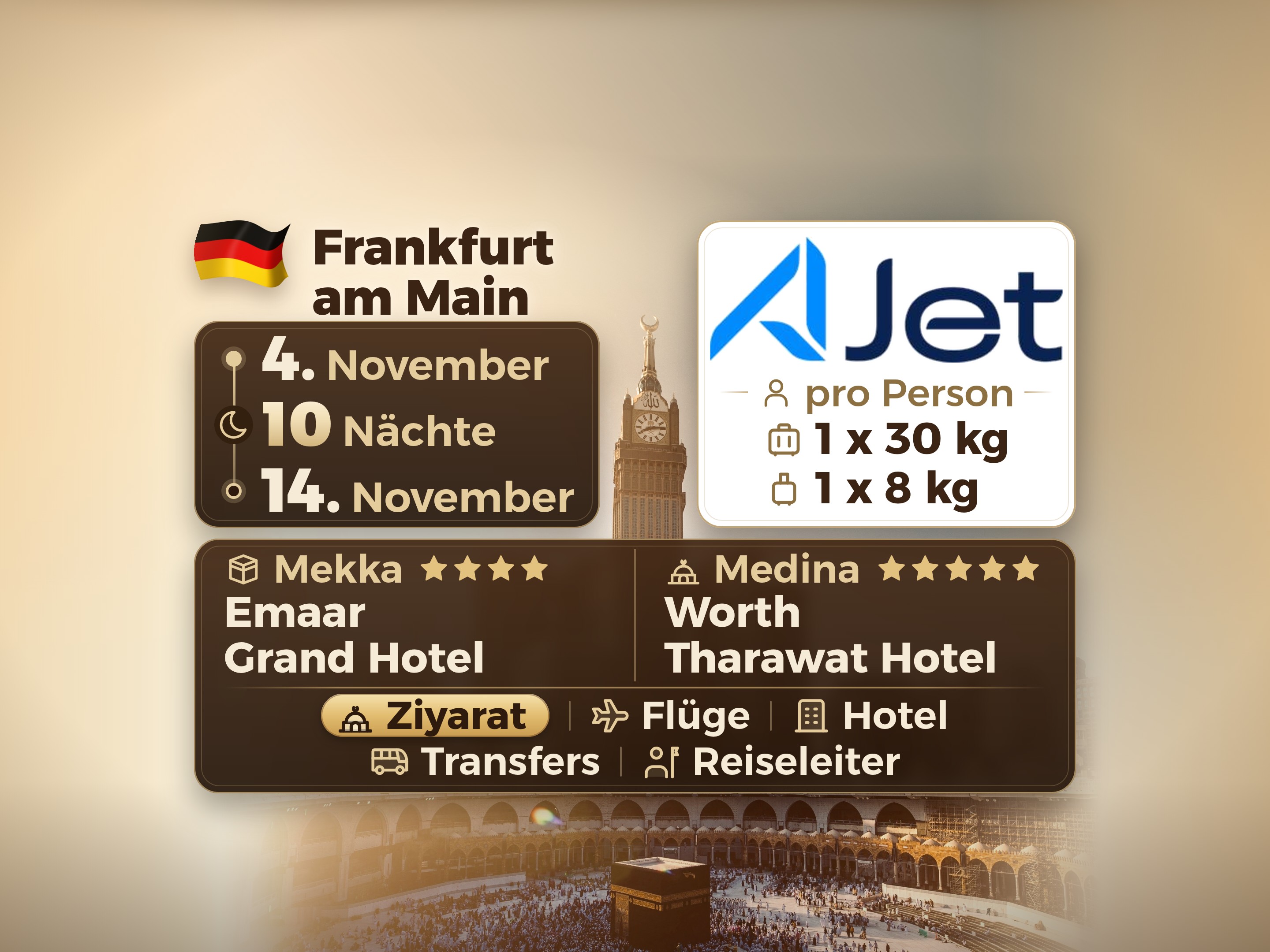Umrah-Paket 12 Tage ab Frankfurt, Emaar Grand Makkah und Tharawat Worth Madinah, Mekka – Umrah Express – 1