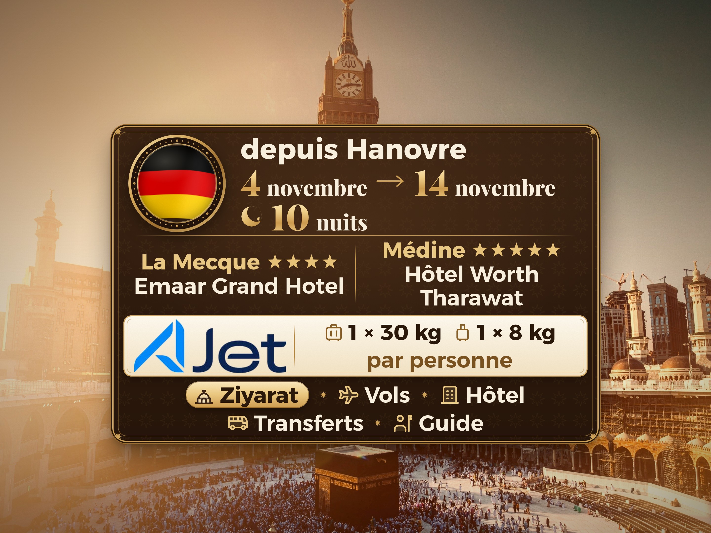 Forfait Umrah 12 Jours depuis Hannover, Emaar Grand Makkah et Tharawat Worth Madinah, La Mecque – Umrah Express – 1
