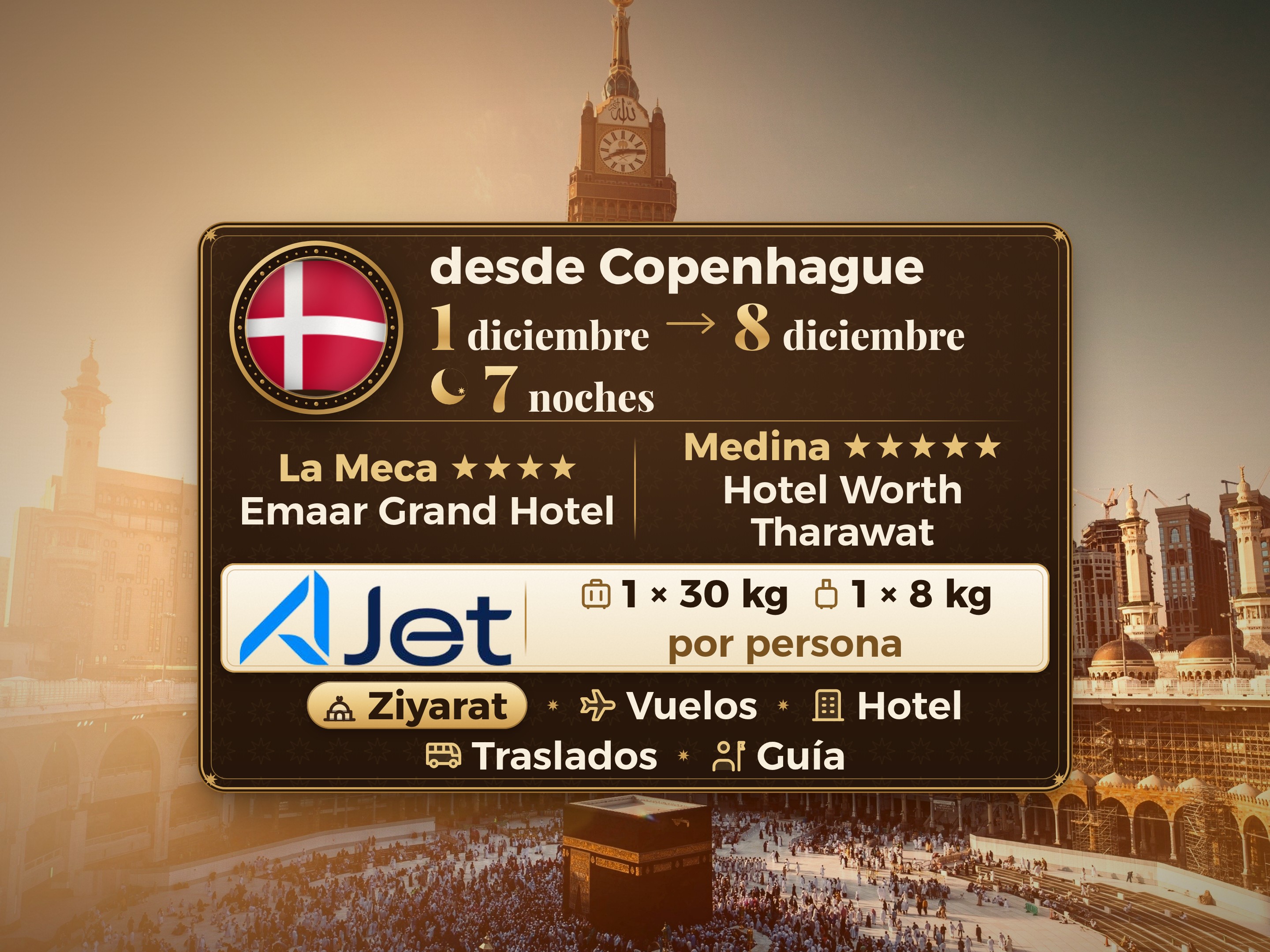 Paquete de Umrah de 9 Días desde Copenhague, Emaar Grand Makkah y Tharawat Worth Madinah