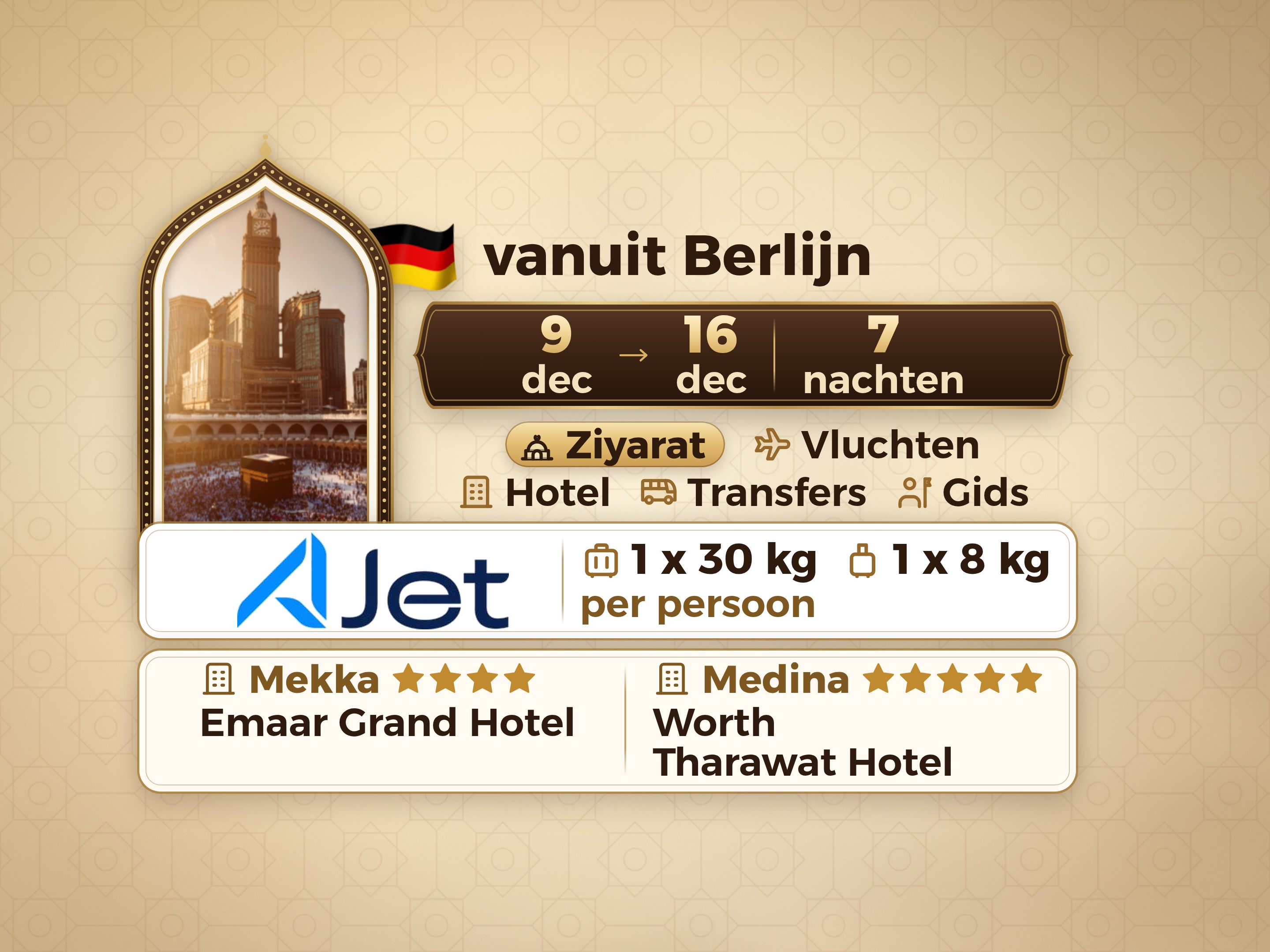 Umrah Pakket 9 Dagen vanaf Berlijn, Emaar Grand Makkah en Tharawat Worth Madinah, Mekka – Umrah Express – 1