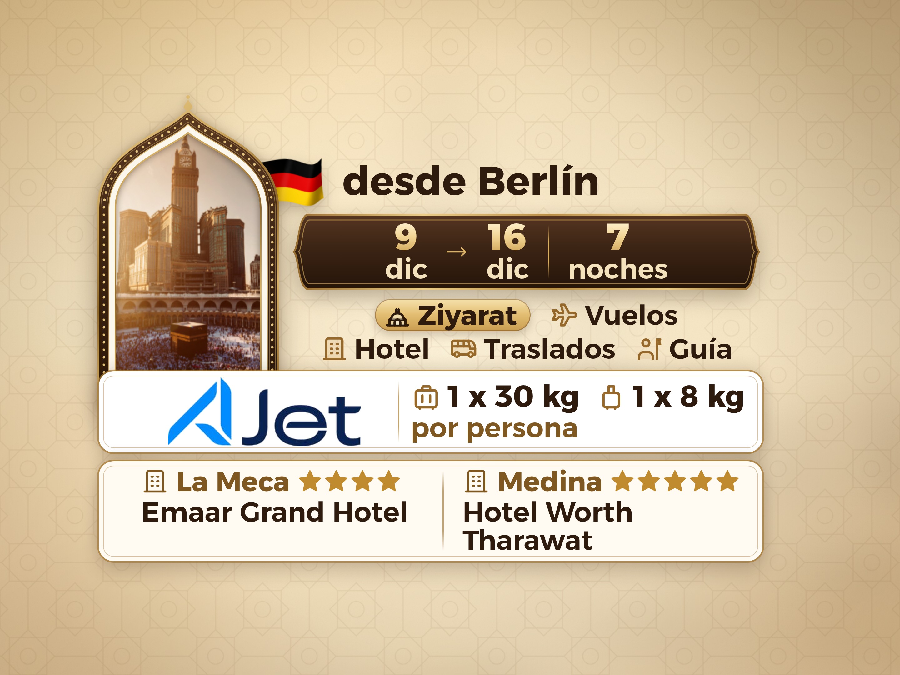 Paquete de Umrah de 9 Días desde Berlín, Emaar Grand Makkah y Tharawat Worth Madinah