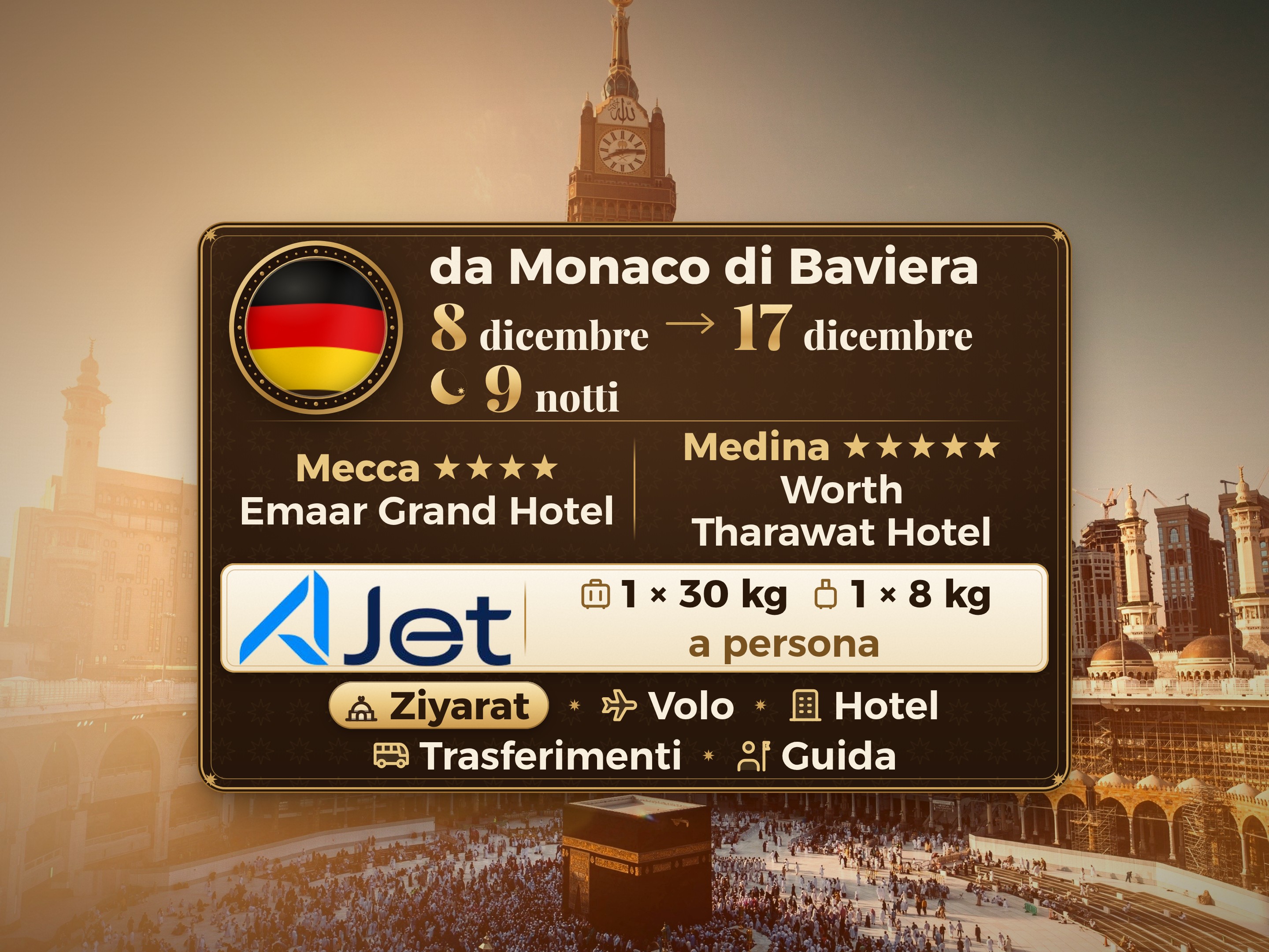 Pacchetto Umrah 11 Giorni da Monaco, Tharawat Worth Madinah e Emaar Grand Makkah