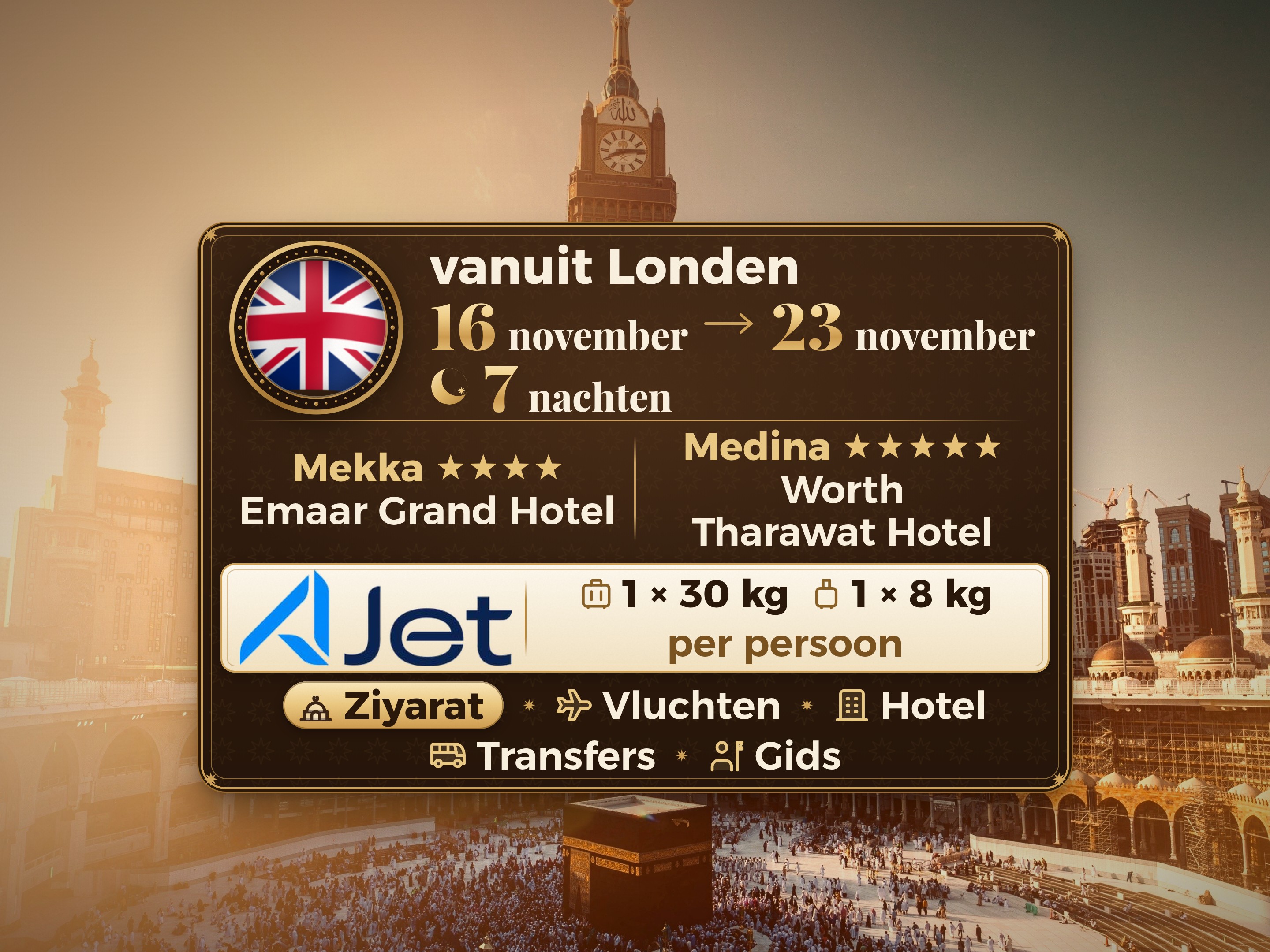 Umrah Pakket 9 Dagen vanaf Londen, Tharawat Worth Madinah en Emaar Grand Makkah