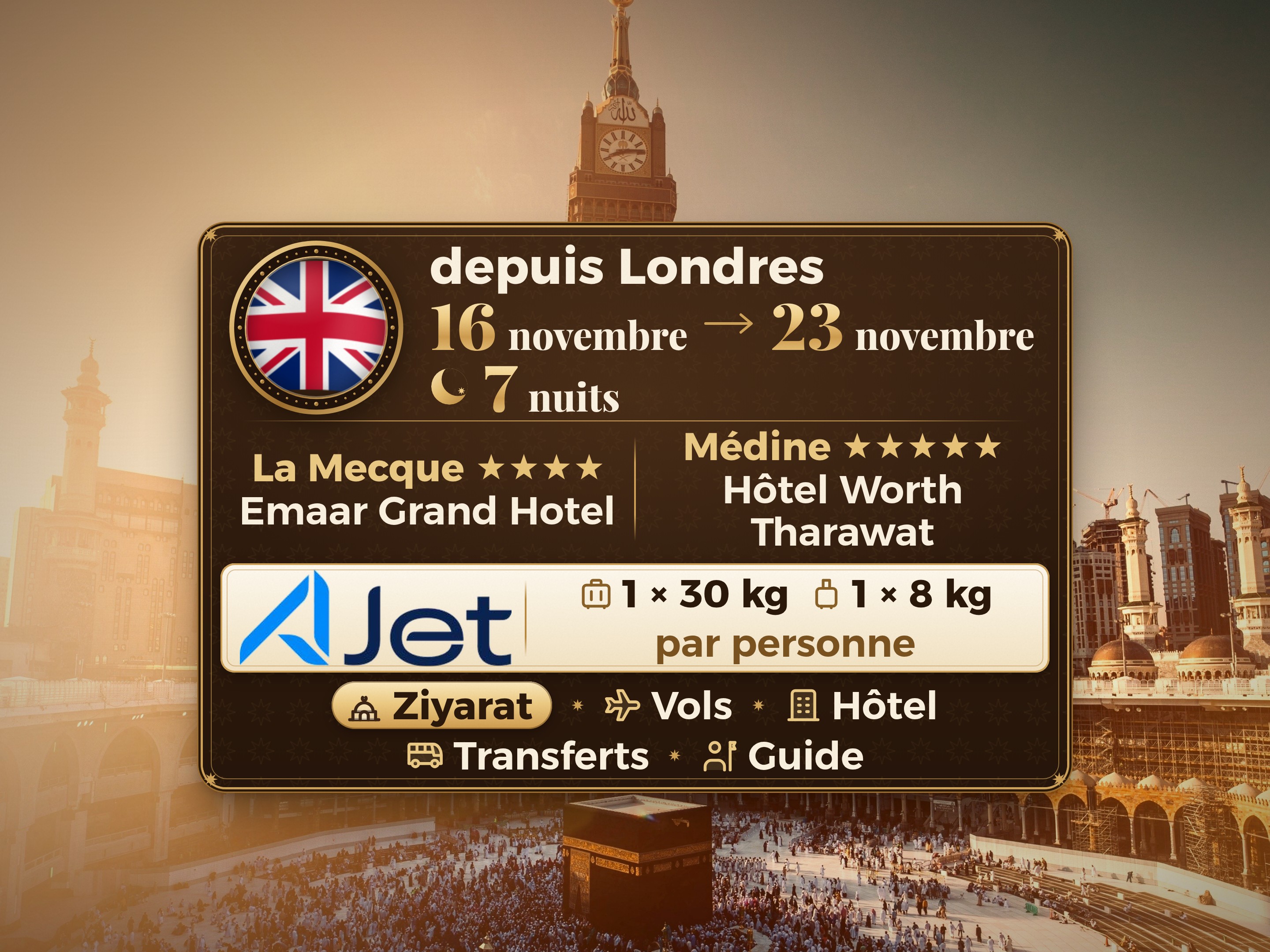 Forfait Umrah 9 Jours depuis Londres, Tharawat Worth Madinah et Emaar Grand Makkah, La Mecque – Umrah Express – 1