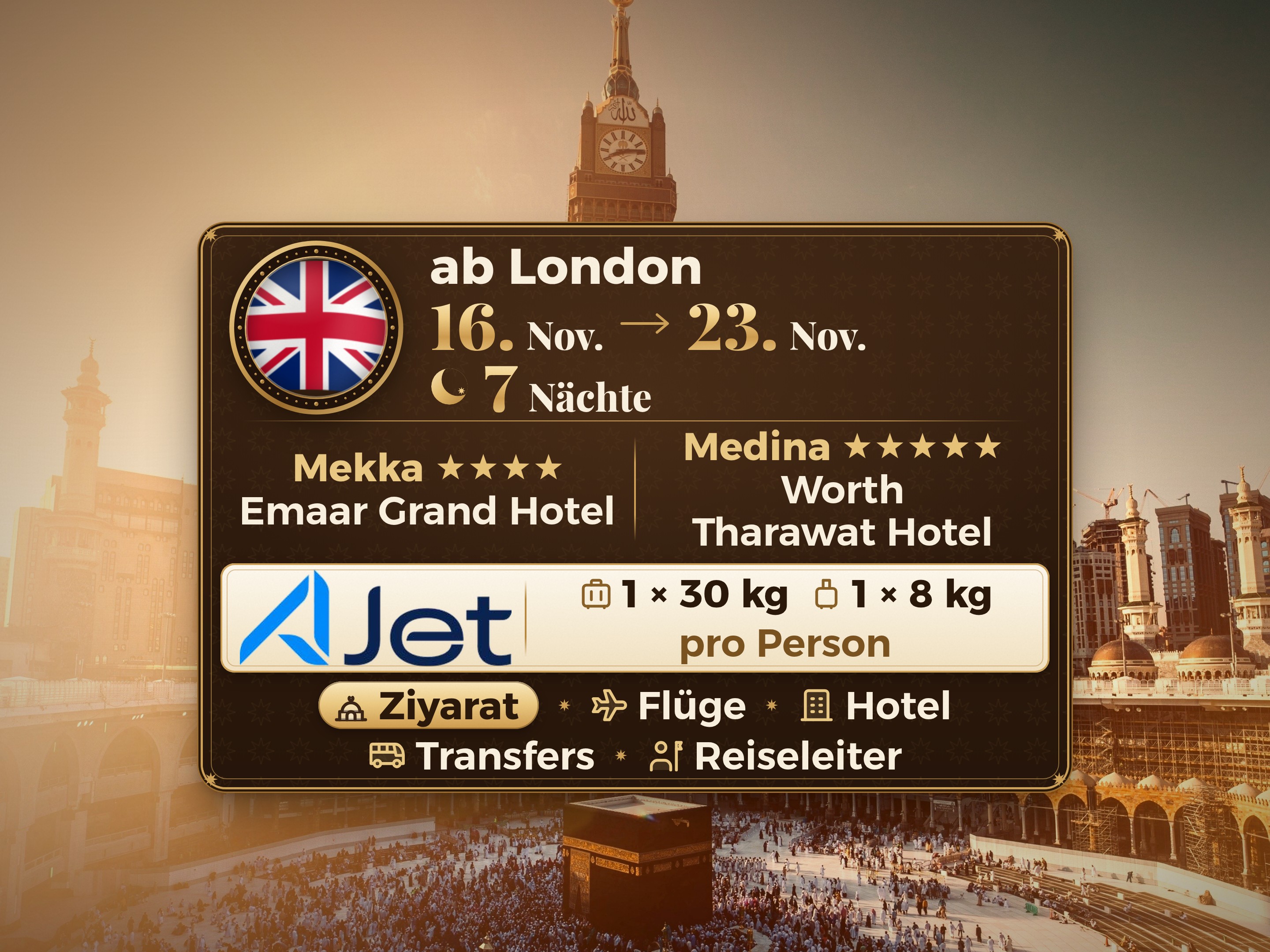 Umrah-Paket 9 Tage ab London, Tharawat Worth Madinah und Emaar Grand Makkah, Mekka – Umrah Express – 1