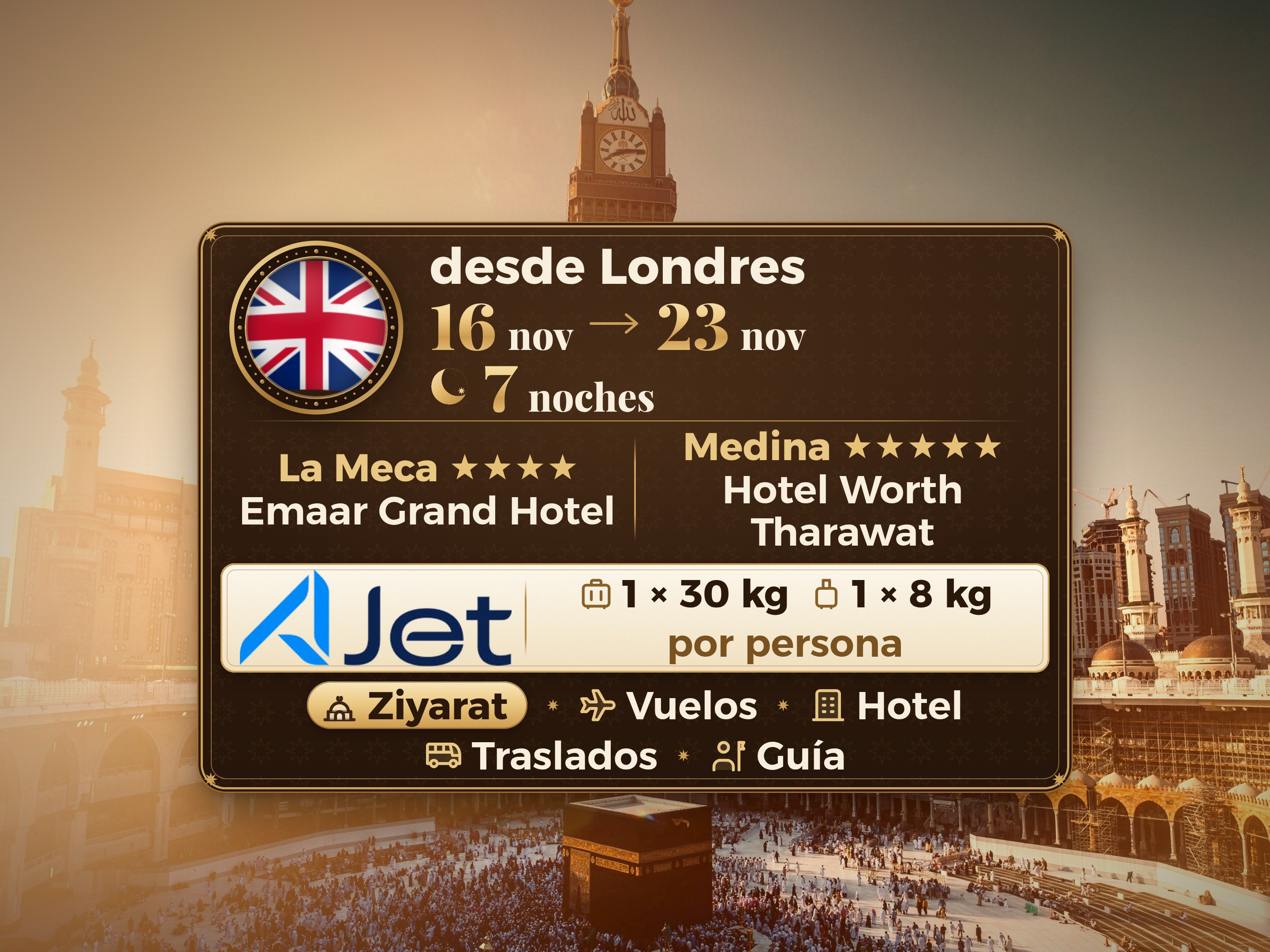 Paquete de Umrah de 9 Días desde Londres, Tharawat Worth Madinah y Emaar Grand Makkah, La Meca – Umrah Express – 1
