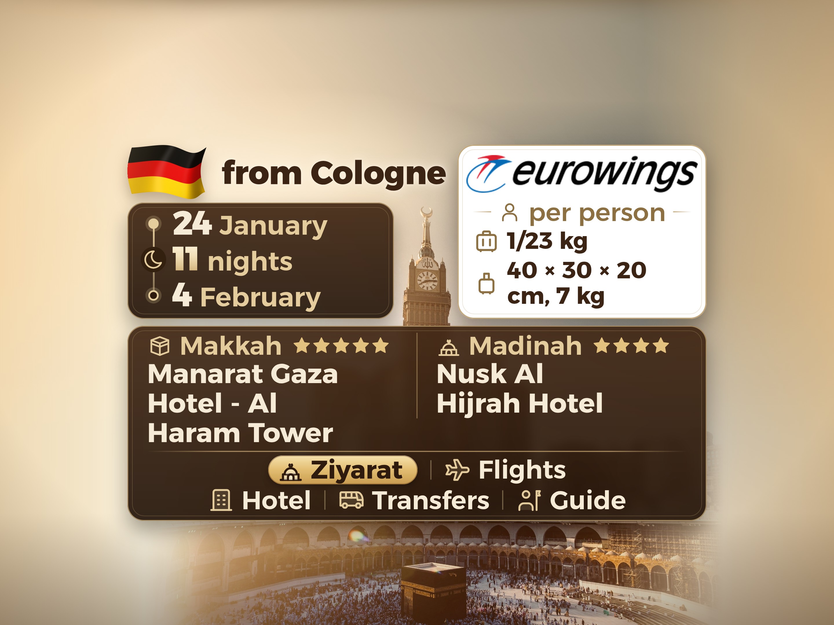 Umrah Package for 12 days 11 nights at Manarat Giza Hotel in Mecca and Nesk Al-Hijra Hotel in Medina