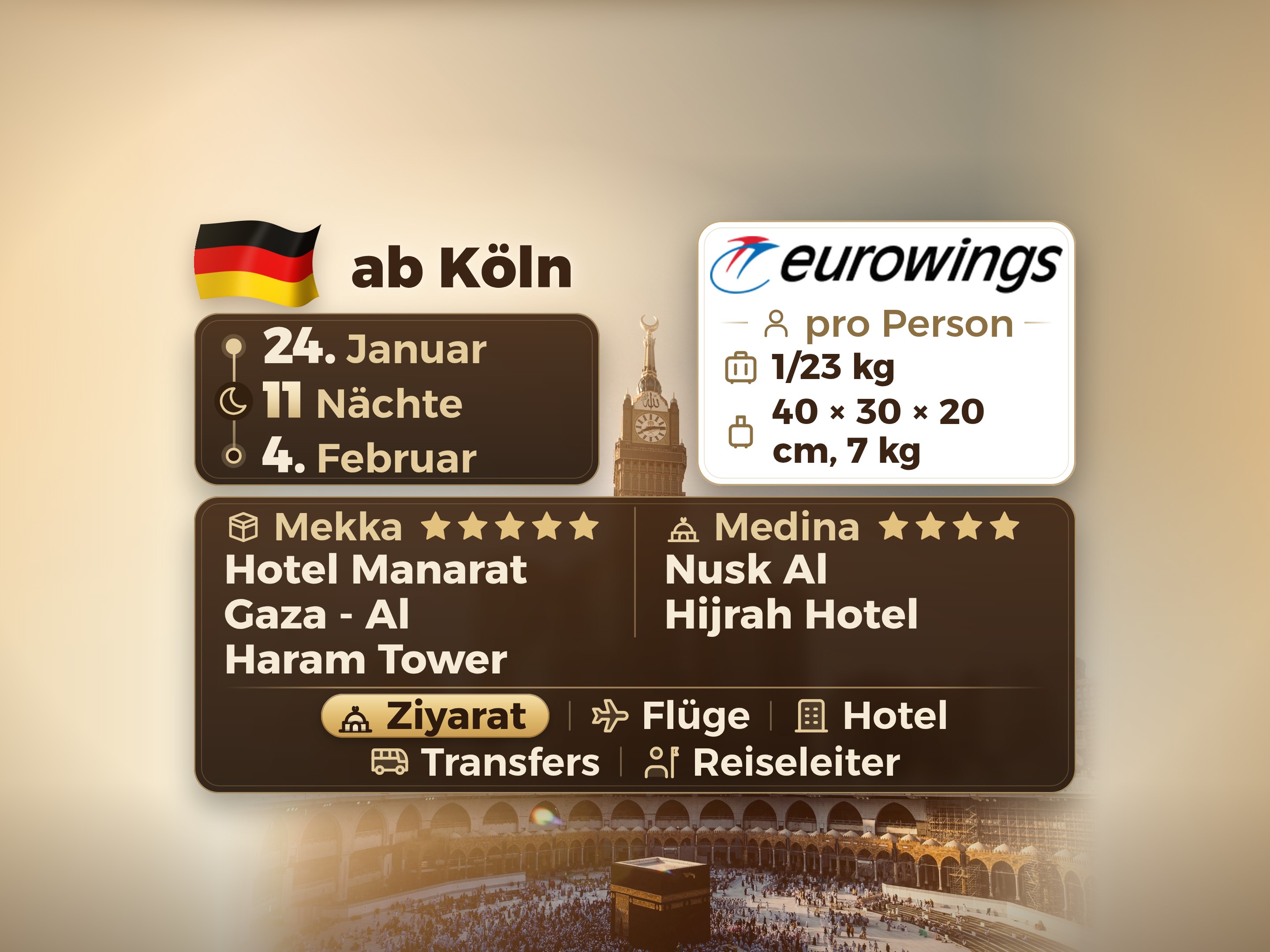 Umrah-Paket für 12 Tage 11 Nächte im Hotel Manarat Giza in Mekka und im Hotel Nesk Al-Hijra in Medina