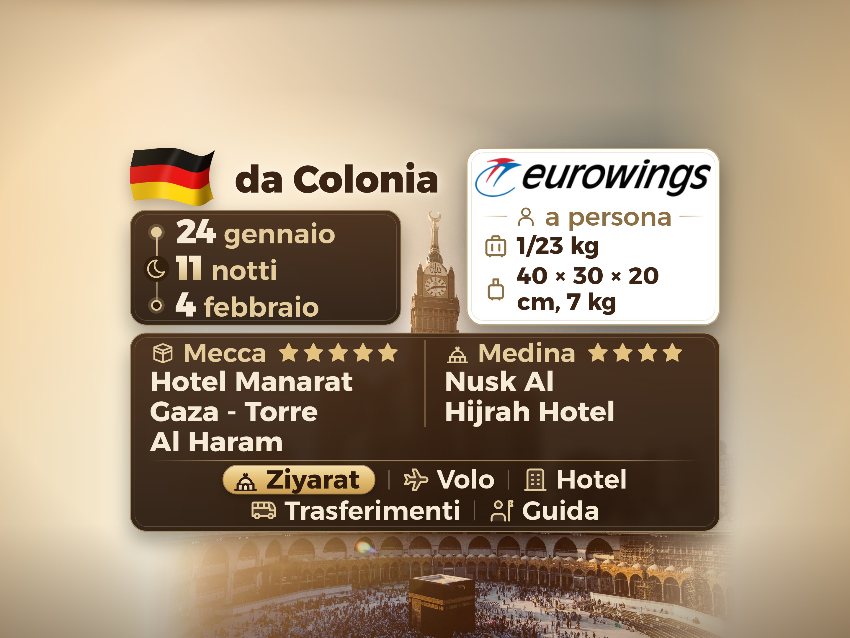 Pacchetto Umrah di 12 giorni e 11 notti presso l'hotel Manarat Giza a Mecca e l'hotel Nesk Al-Hijra a Medina