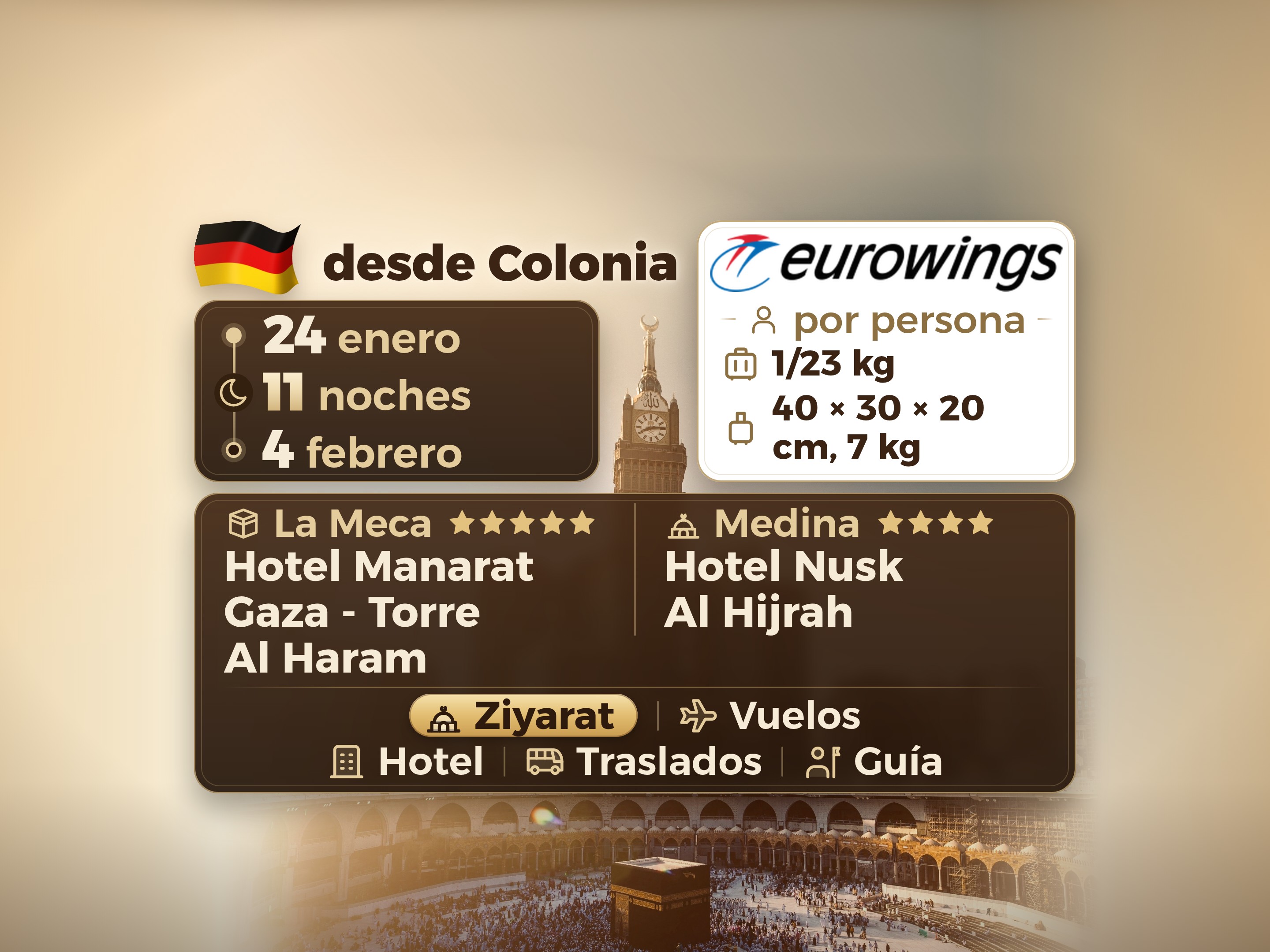 Paquete de Umrah de 12 días y 11 noches en el hotel Manarat Giza en La Meca y el hotel Nesk Al-Hijra en Medina