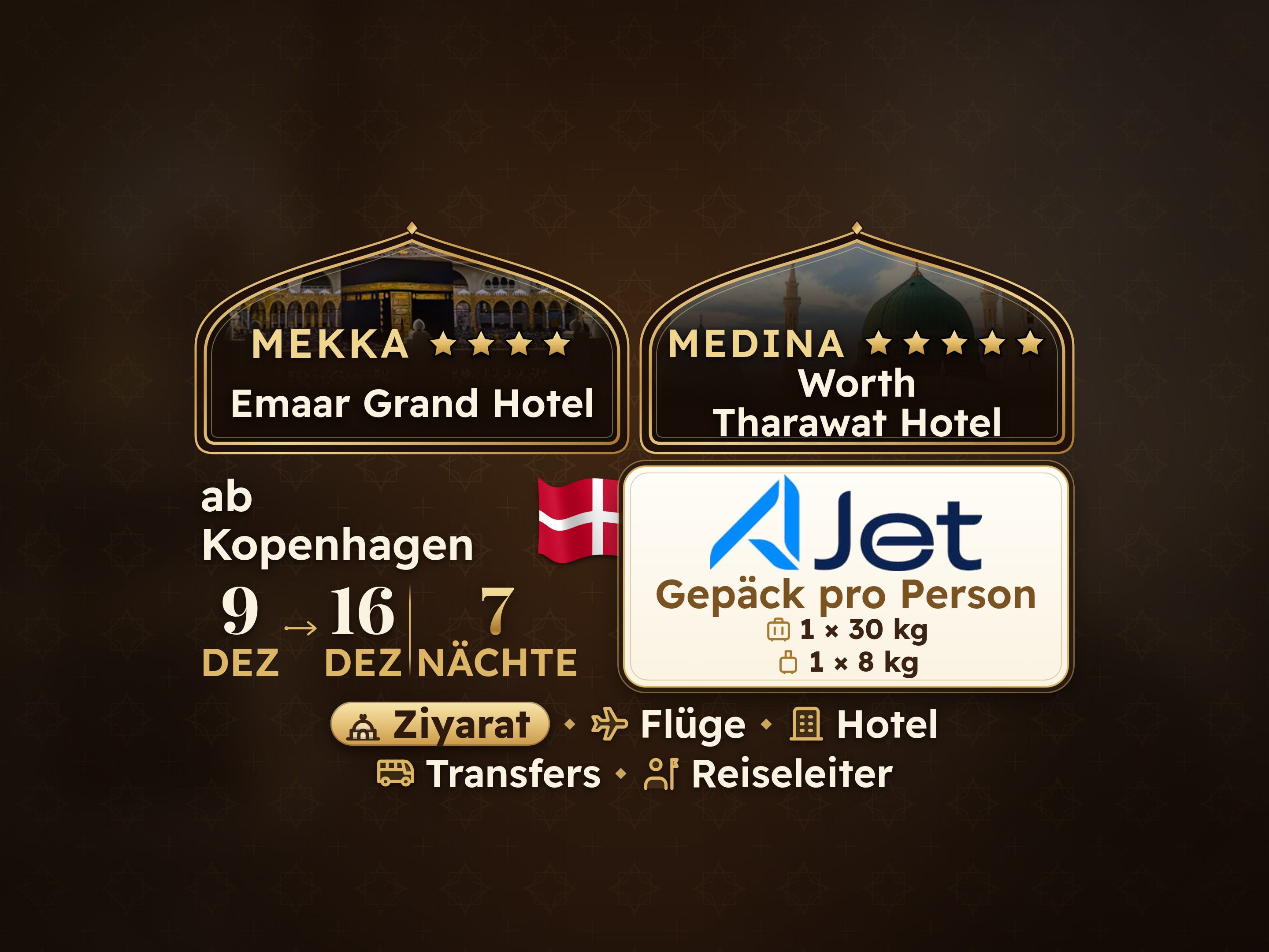 9-Tage-Umrah-Paket ab Kopenhagen, Emaar Grand Makkah und Tharawat Worth Madinah