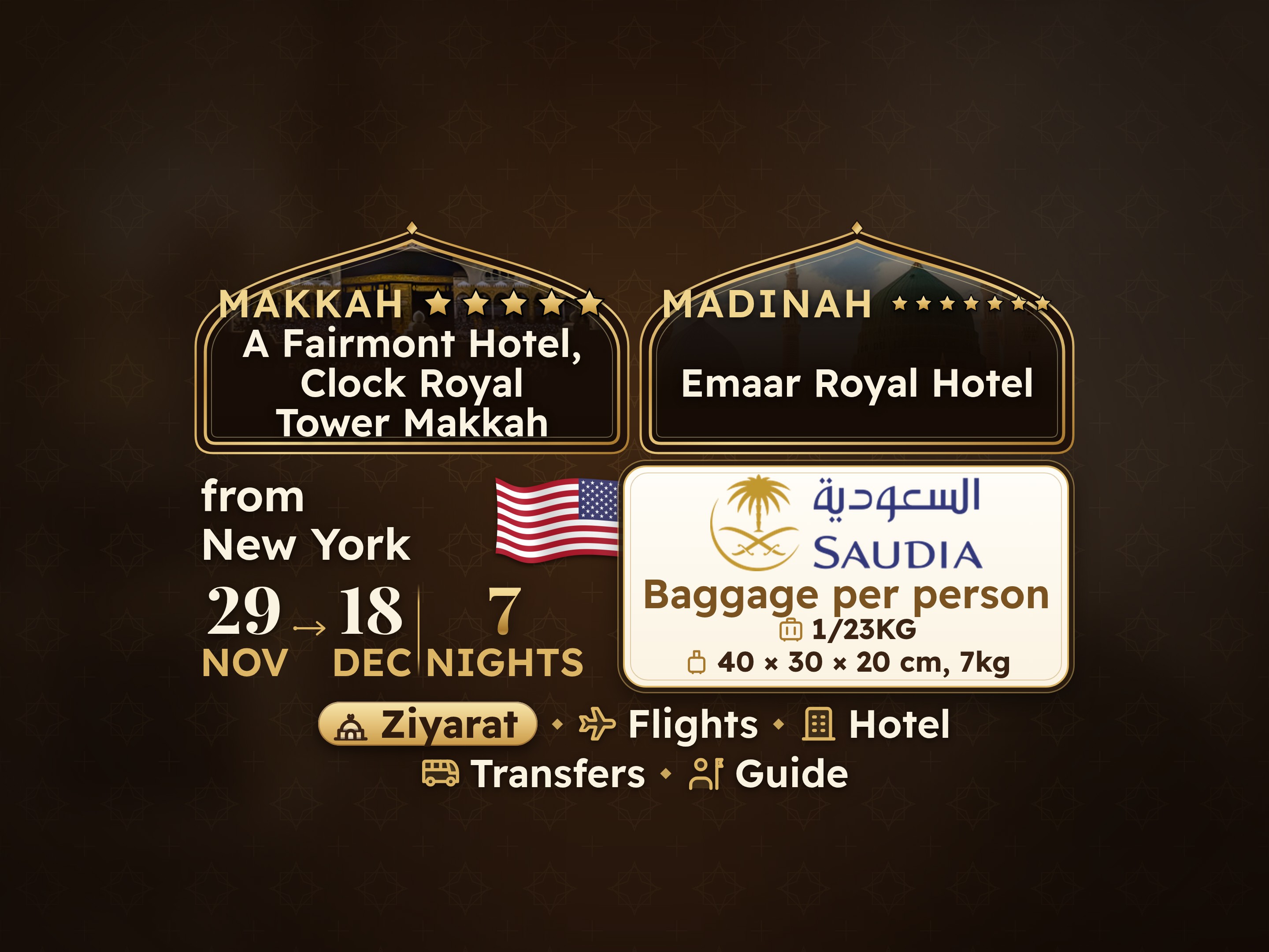 Vip Package Umrah 8 Days 7 Nights - Fairmont Hotel Makkah & Emaar Royal hotel Madinah.