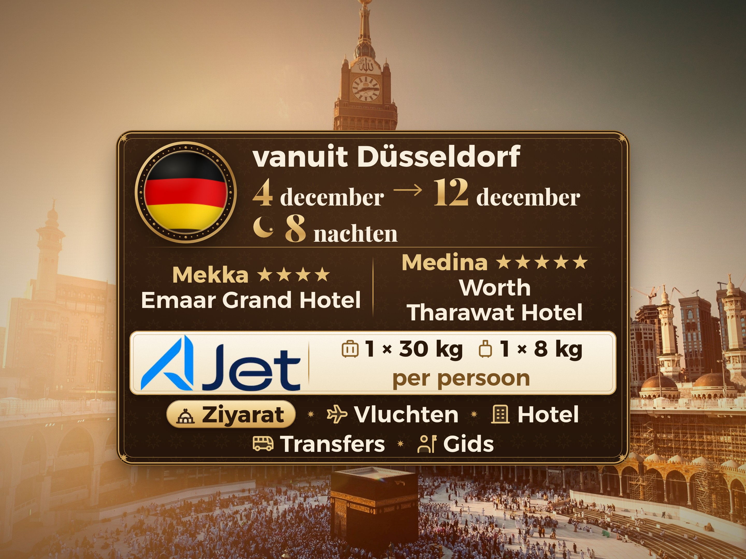 Umrah Pakket 10 Dagen vanaf Dusseldorf, Emaar Grand Makkah en Tharawat Worth Madinah