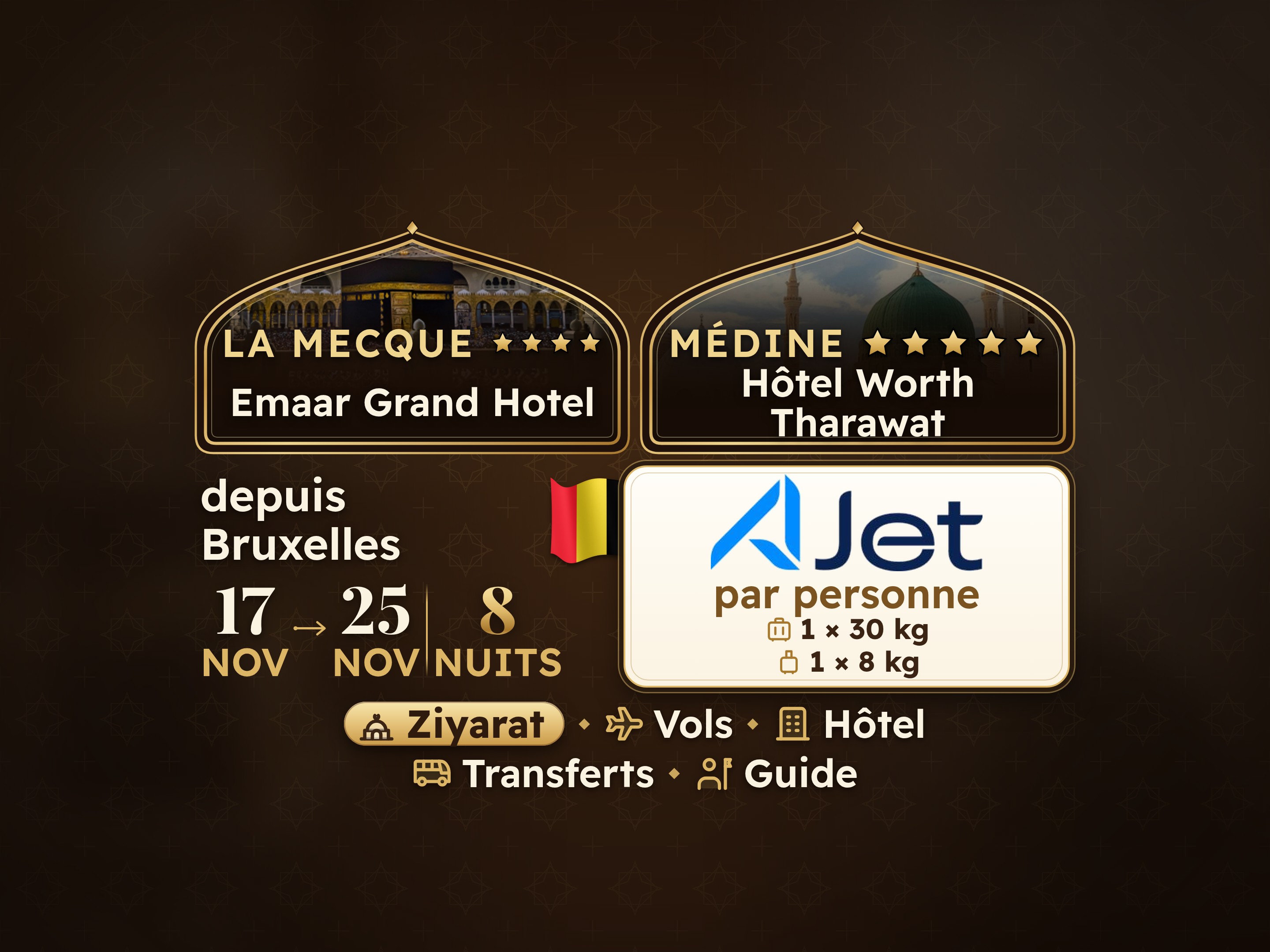 Forfait Umrah 10 Jours depuis Bruxelles, Tharawat Worth Madinah et Emaar Grand Makkah, La Mecque – Umrah Express – 1