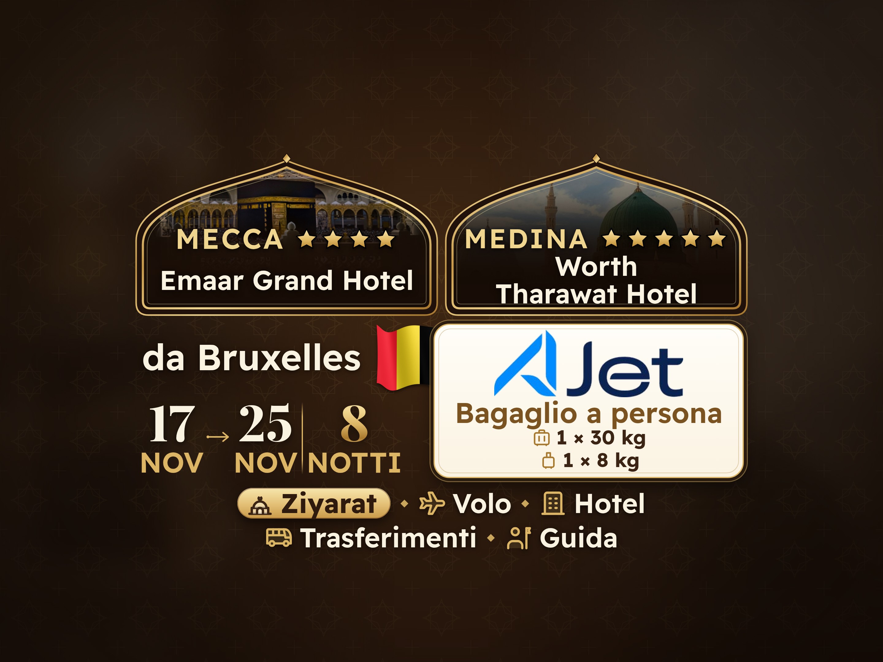 Pacchetto Umrah 10 Giorni da Bruxelles, Tharawat Worth Madinah e Emaar Grand Makkah, La Mecca – Umrah Express – 1