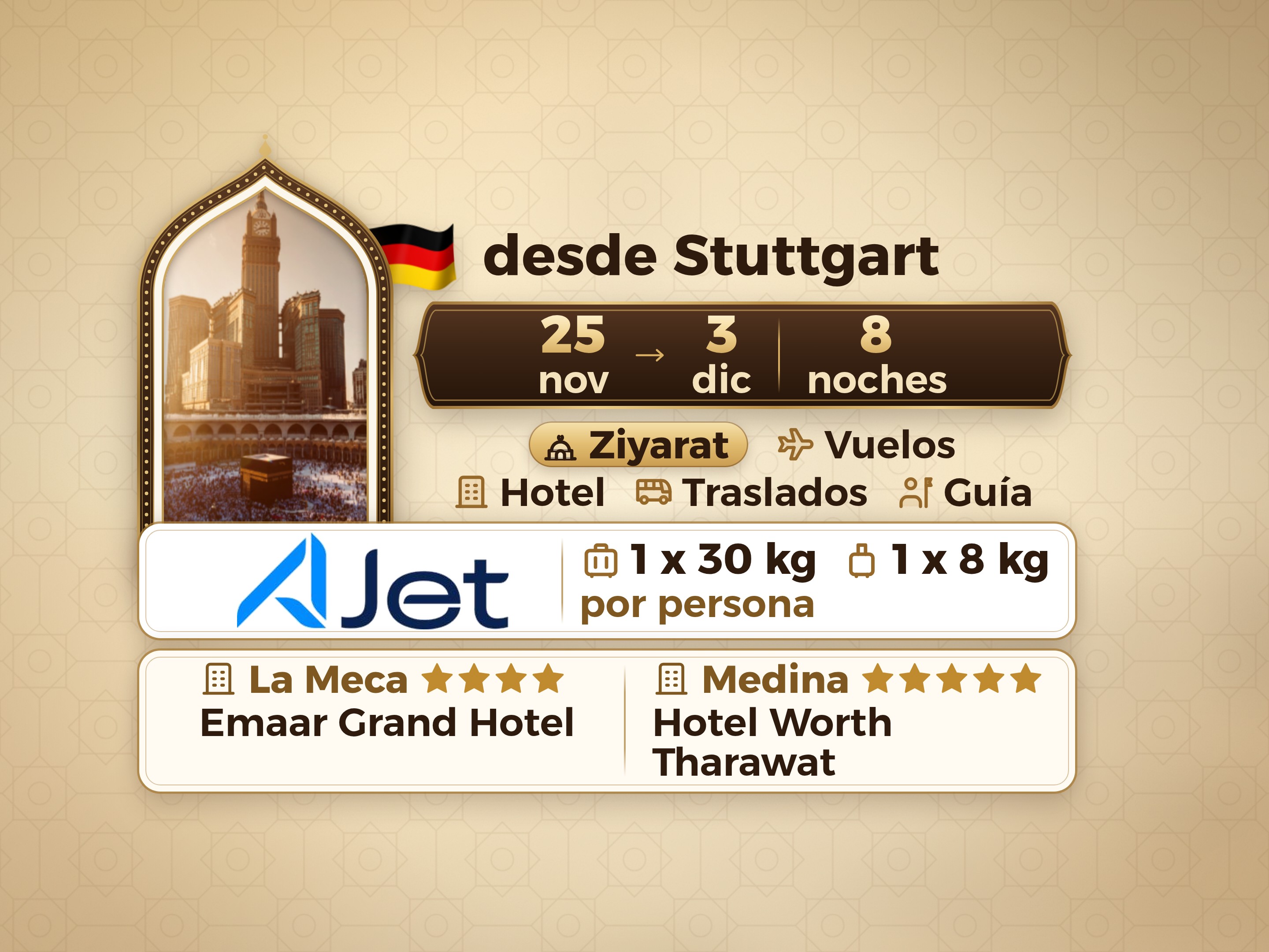 Paquete de Umrah de 10 días desde Stuttgart, Emaar Grand Makkah y Tharawat Worth Madinah, La Meca – Umrah Express – 1