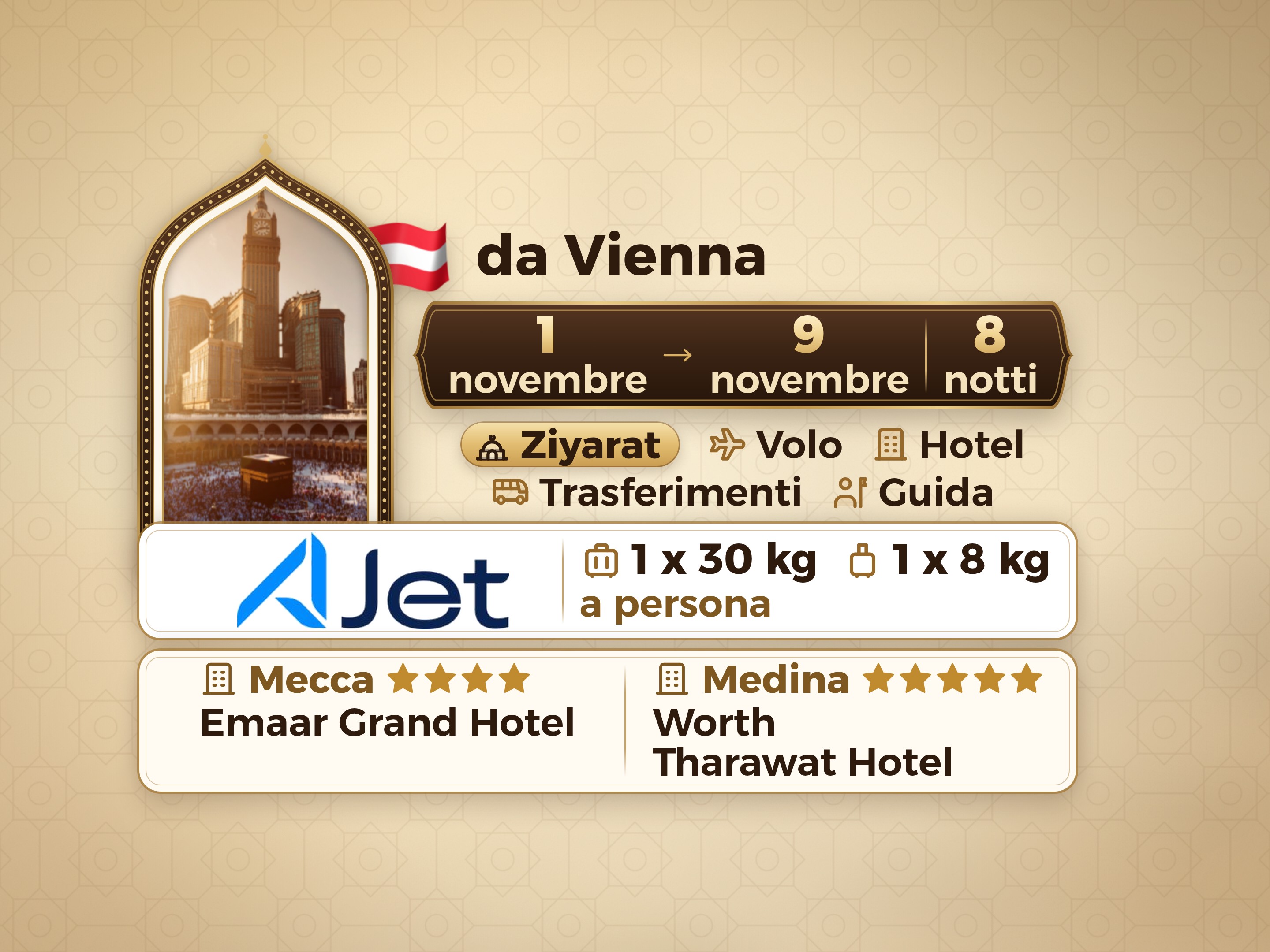 Pacchetto Umrah 10 Giorni da Vienna, Tharawat Worth Madinah e Emaar Grand Makkah, La Mecca – Umrah Express – 1