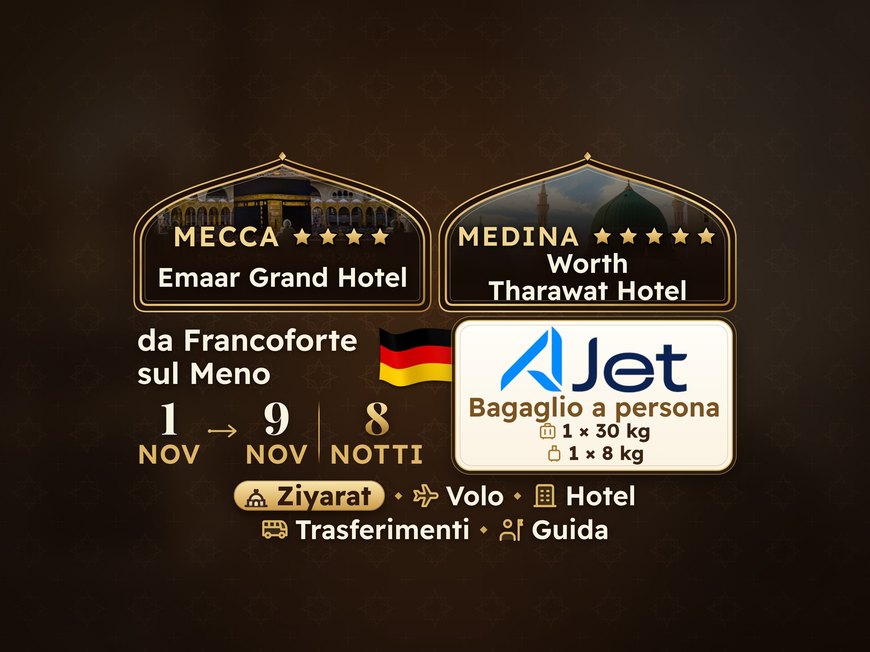 Pacchetto Umrah 10 Giorni da Francoforte, Tharawat Worth Madinah e Emaar Grand Makkah, La Mecca – Umrah Express – 1