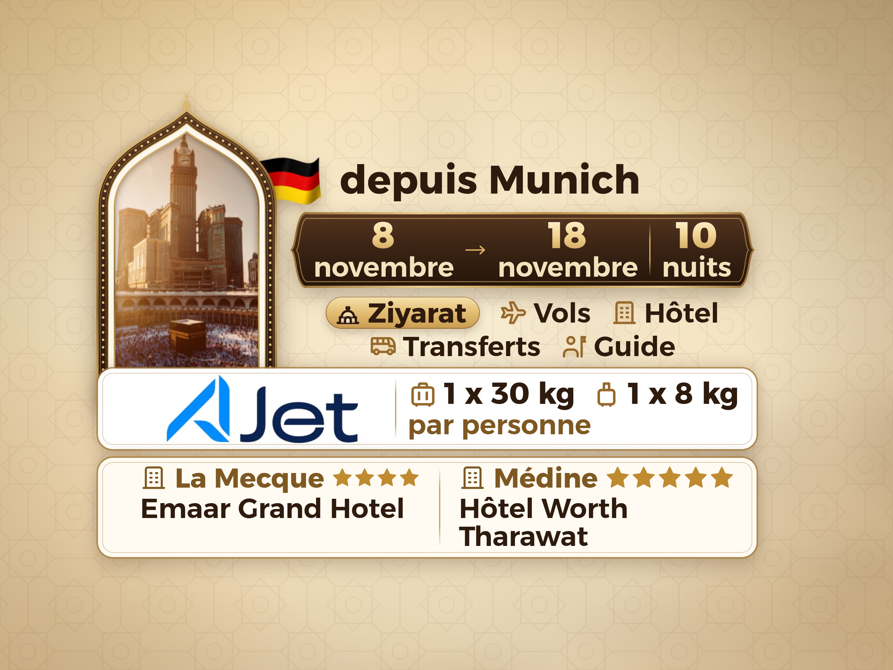 Forfait Umrah 12 jours depuis Munich, Tharawat Worth Madinah et Emaar Grand Makkah, La Mecque – Umrah Express – 1