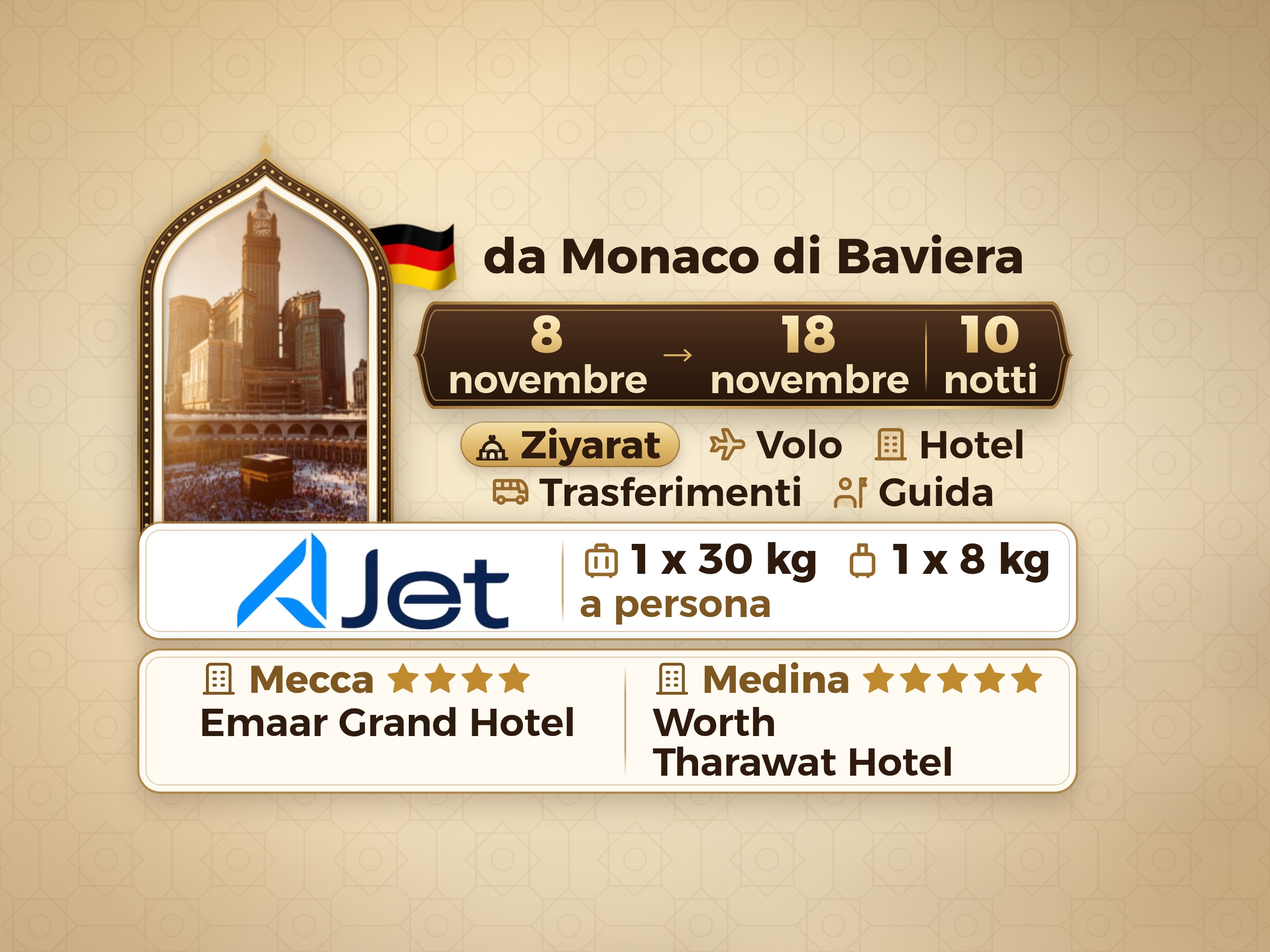 Pacchetto Umrah di 12 giorni da Monaco, Tharawat Worth Madinah e Emaar Grand Makkah, La Mecca – Umrah Express – 1
