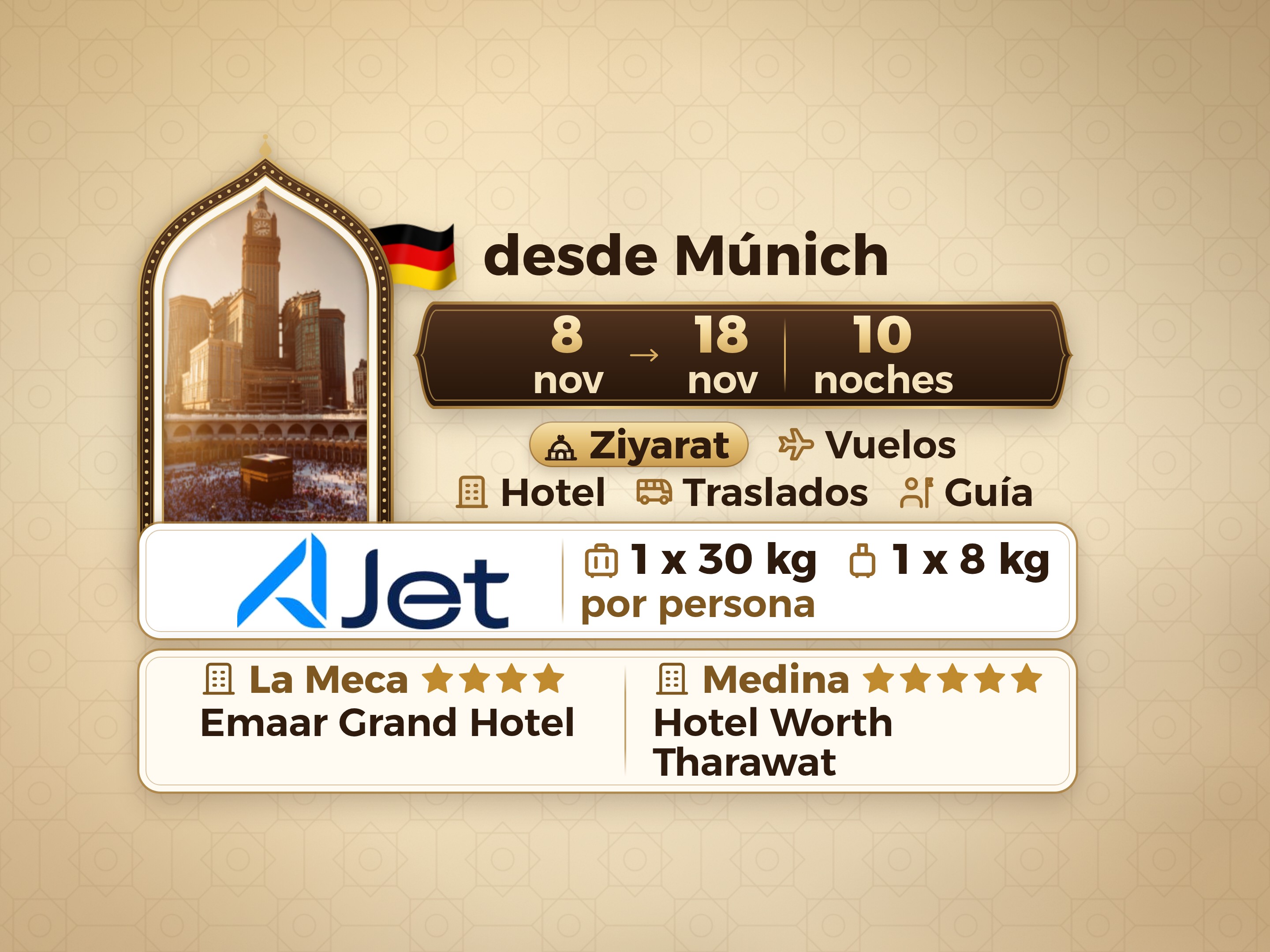 Paquete de Umrah de 12 días desde Múnich, Tharawat Worth Madinah y Emaar Grand Makkah, La Meca – Umrah Express – 1