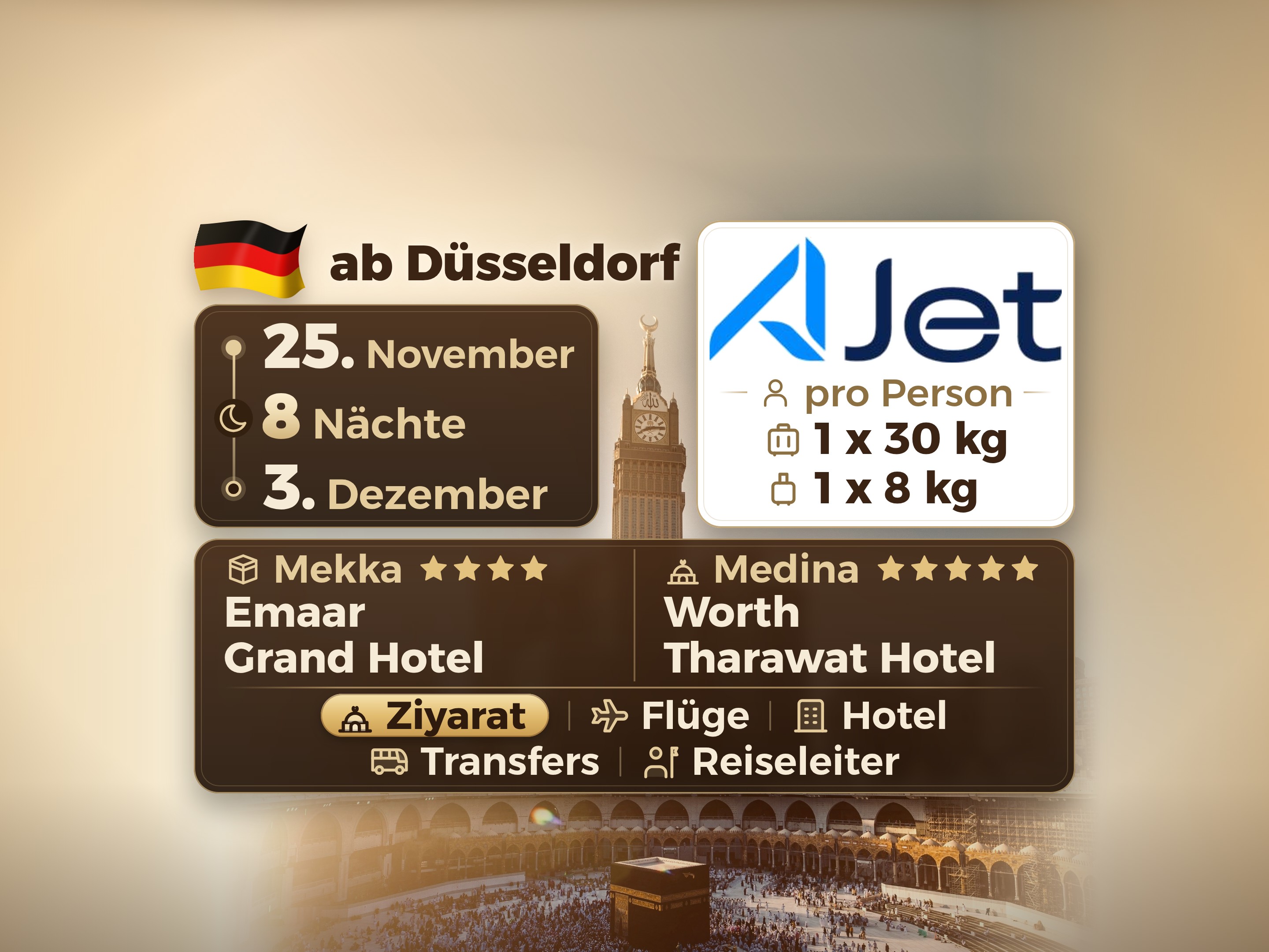 Umrah-Paket 10 Tage ab Dusseldorf, Emaar Grand Makkah und Tharawat Worth Madinah, Mekka – Umrah Express – 1