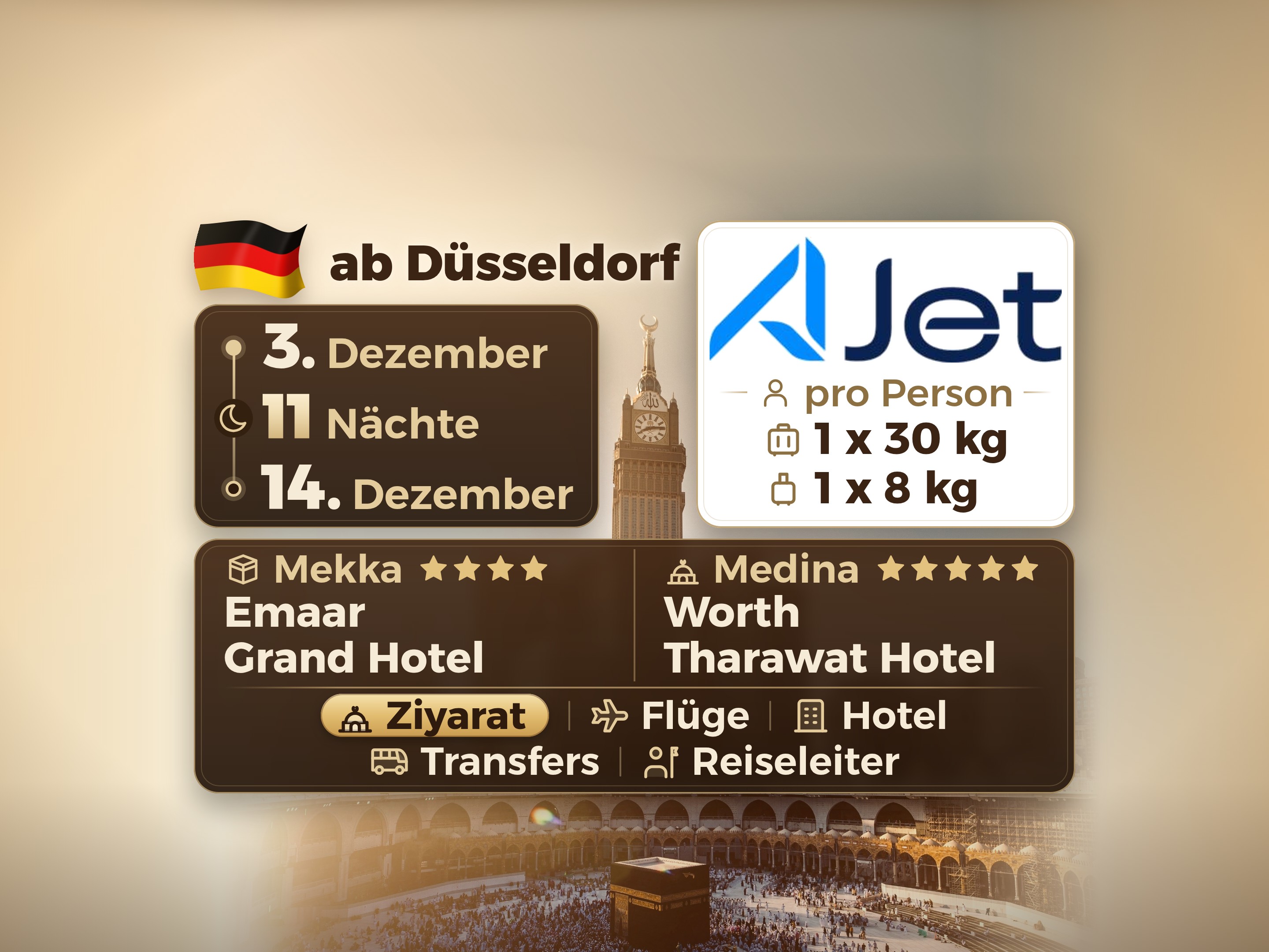 13-tägiges Umrah-Paket ab Dusseldorf, Tharawat Worth Madinah und Emaar Grand Makkah