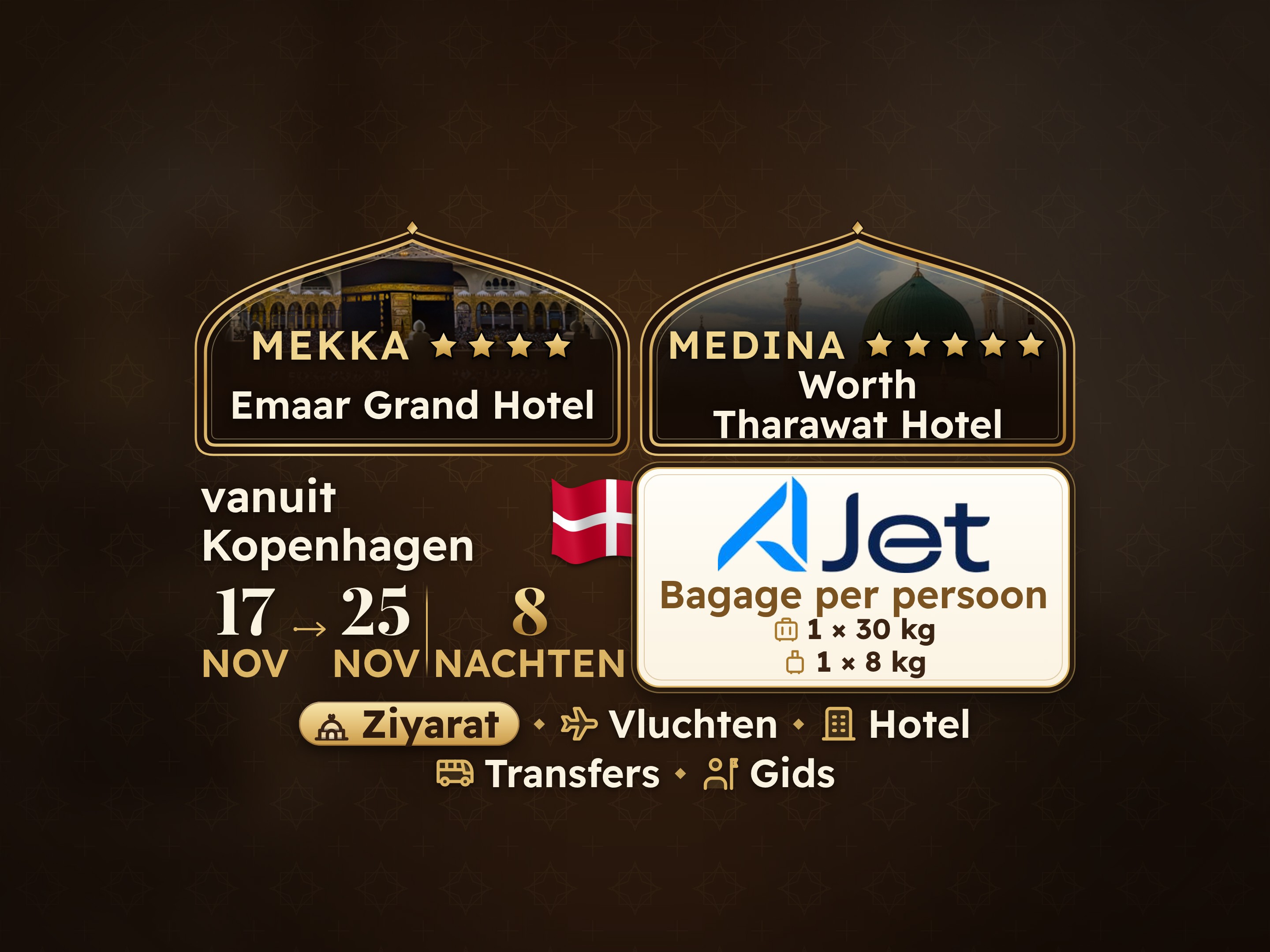 Umrah Pakket 10 Dagen vanaf Kopenhagen, Tharawat Worth Madinah en Emaar Grand Makkah