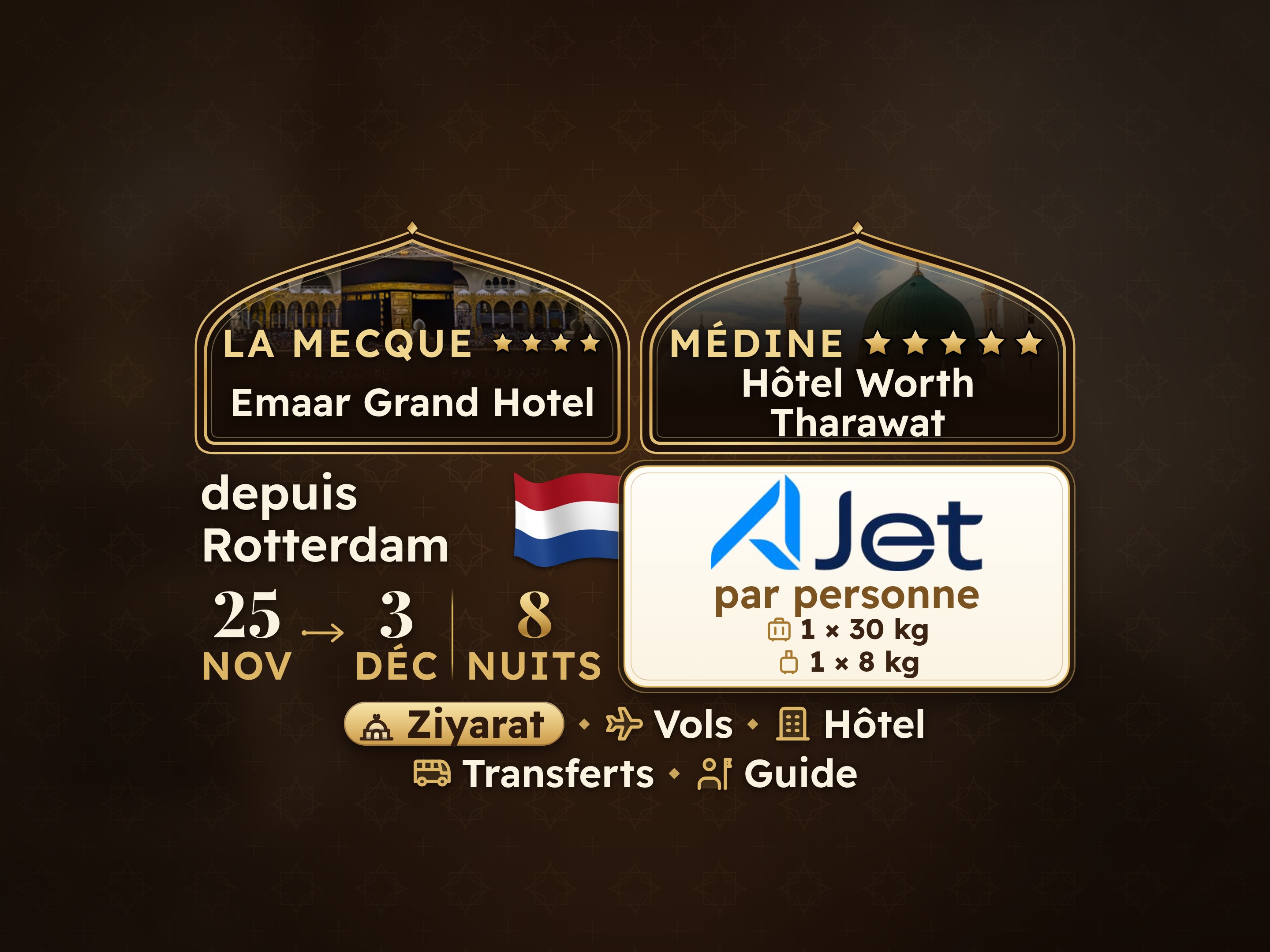 Forfait Umrah 10 Jours depuis Rotterdam, Emaar Grand Makkah et Tharawat Worth Madinah, La Mecque – Umrah Express – 1