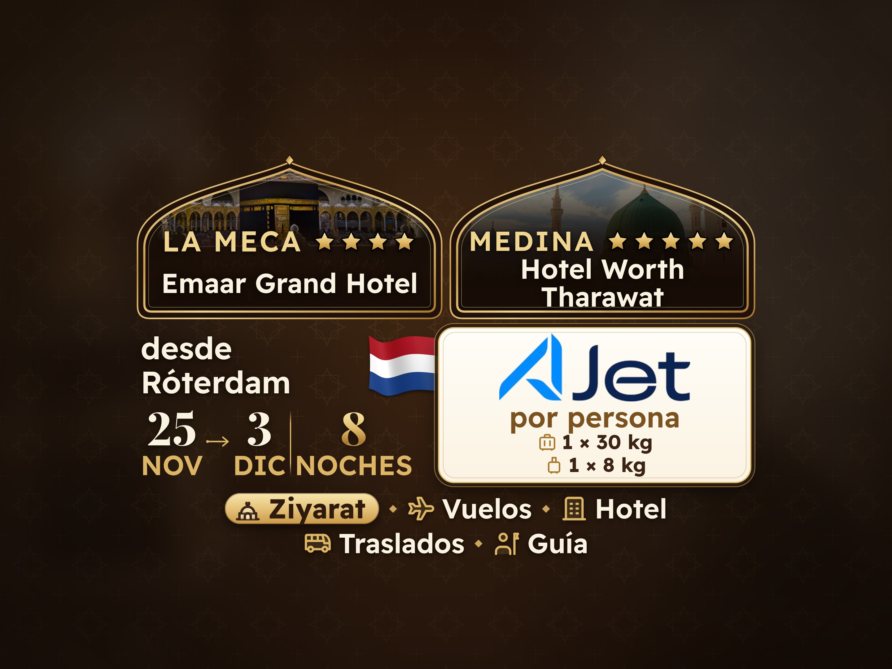 Paquete de Umrah de 10 Días desde Rotterdam, Emaar Grand Makkah y Tharawat Worth Madinah, La Meca – Umrah Express – 1