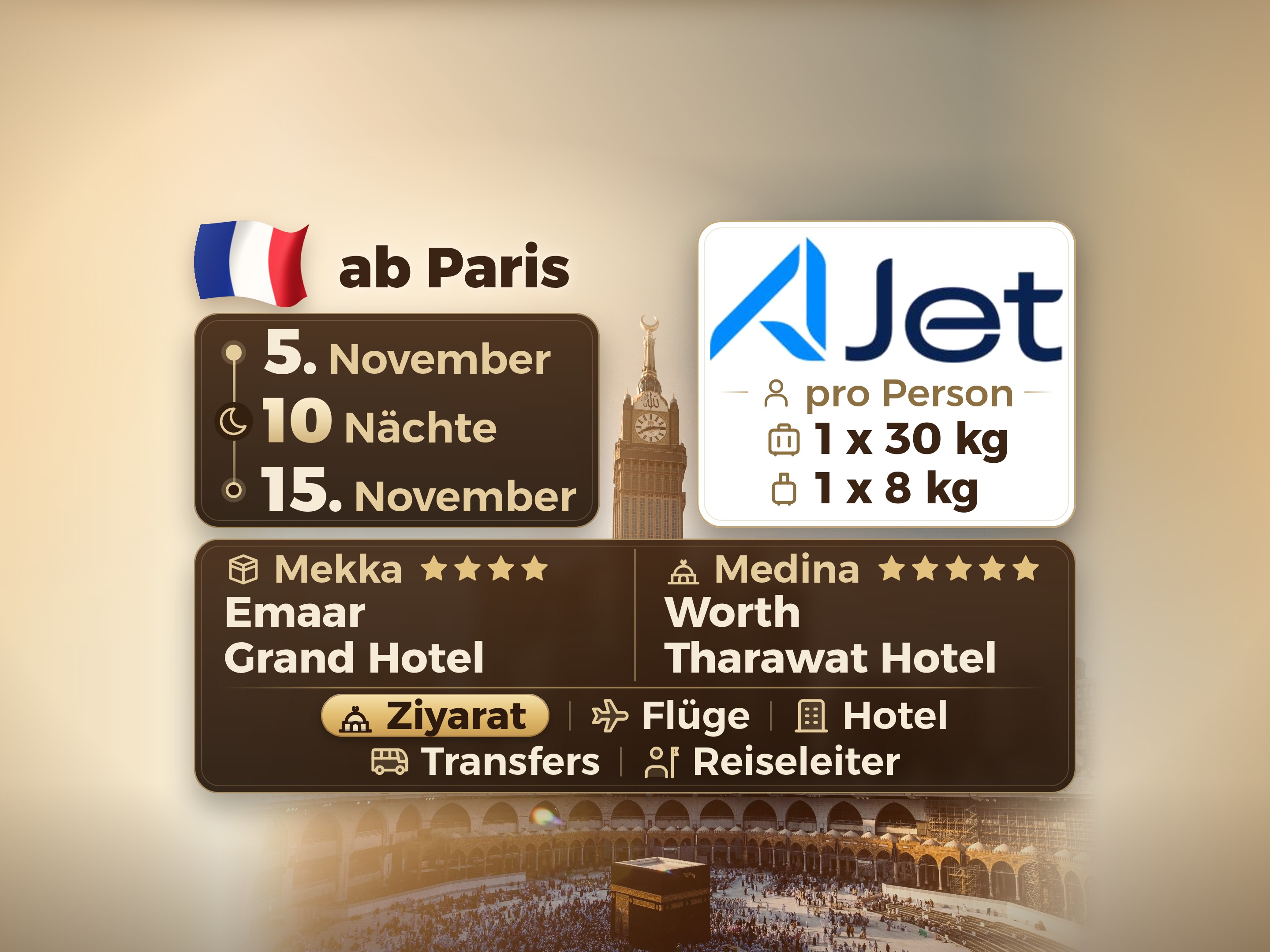 12-Tage-Umrah-Paket ab Paris, Tharawat Worth Madinah und Emaar Grand Makkah, Mekka – Umrah Express – 1