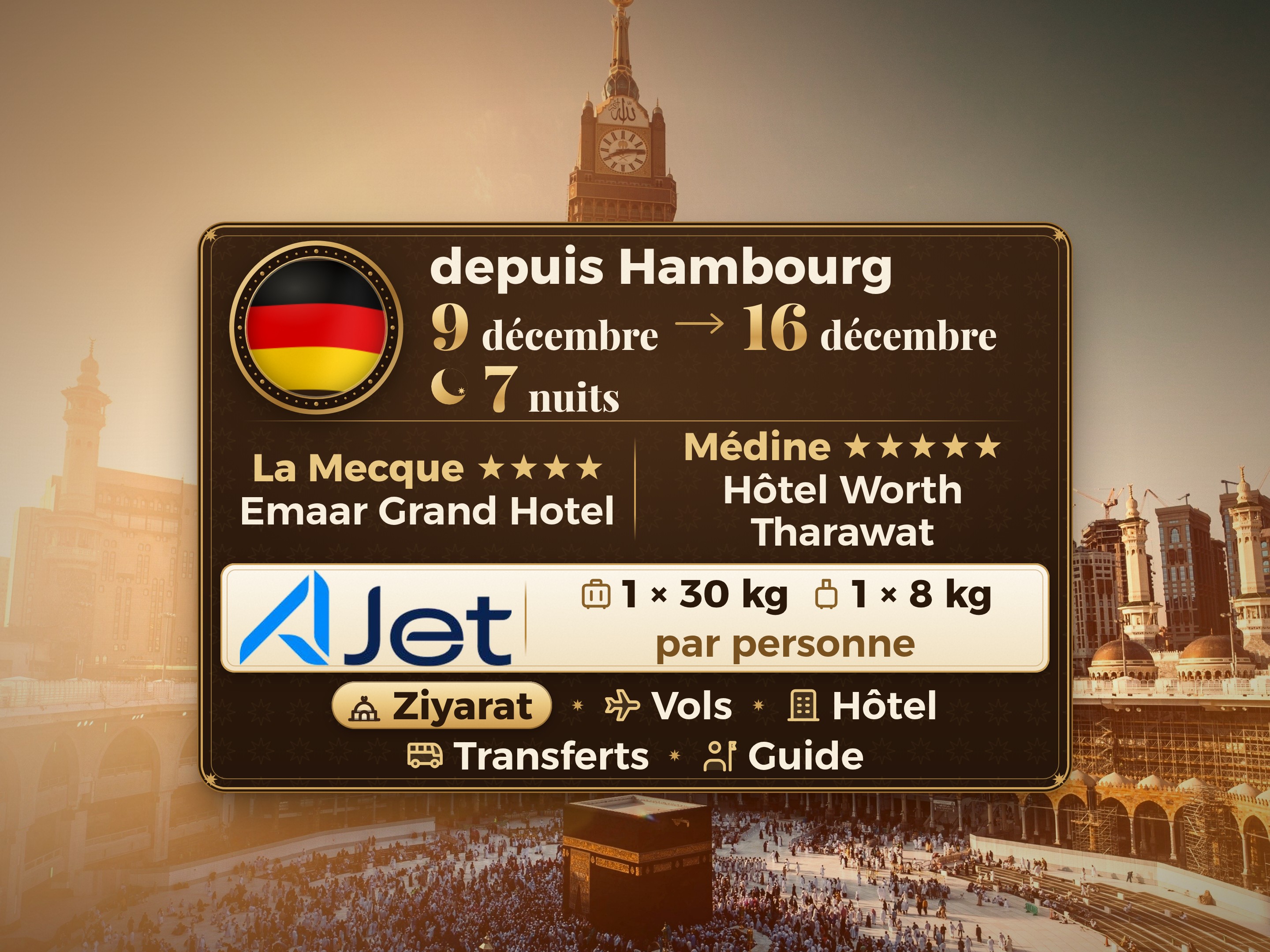 Forfait Umrah 9 Jours depuis Hambourg, Emaar Grand Makkah et Tharawat Worth Madinah