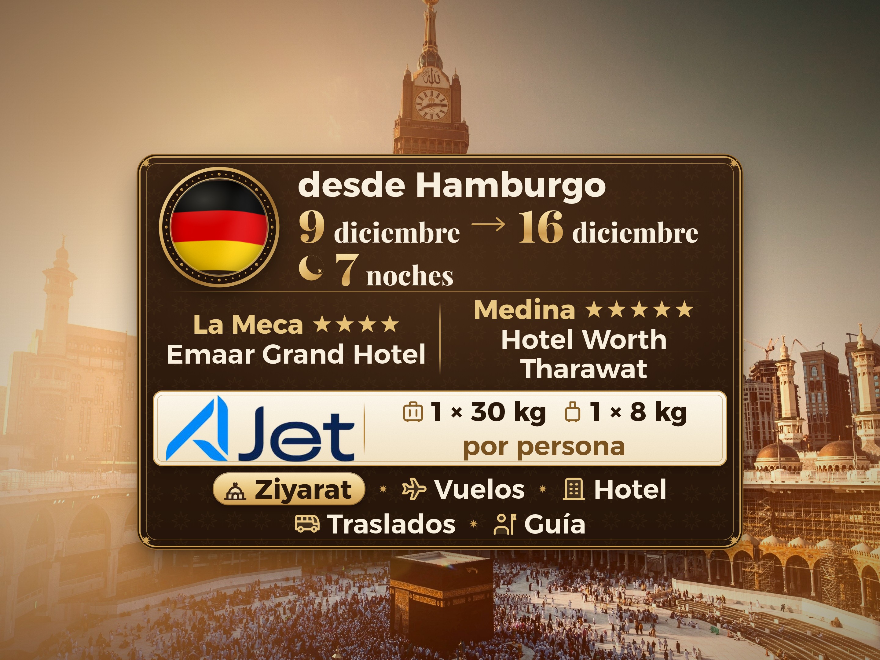 Paquete de Umrah de 9 Días desde Hamburgo, Emaar Grand Makkah y Tharawat Worth Madinah