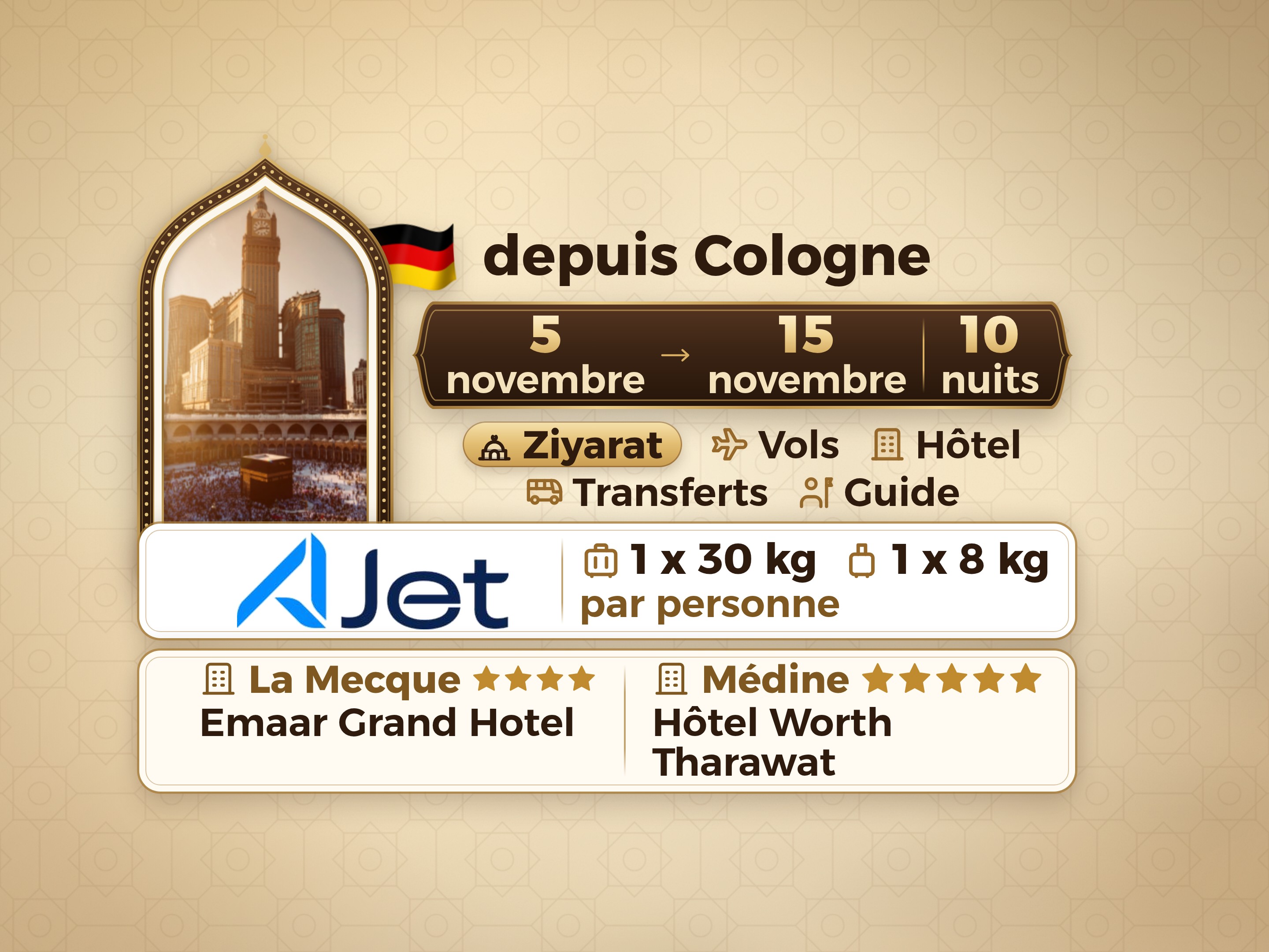 Forfait Umrah de 12 jours depuis Cologne, Tharawat Worth Madinah et Emaar Grand Makkah, La Mecque – Umrah Express – 1