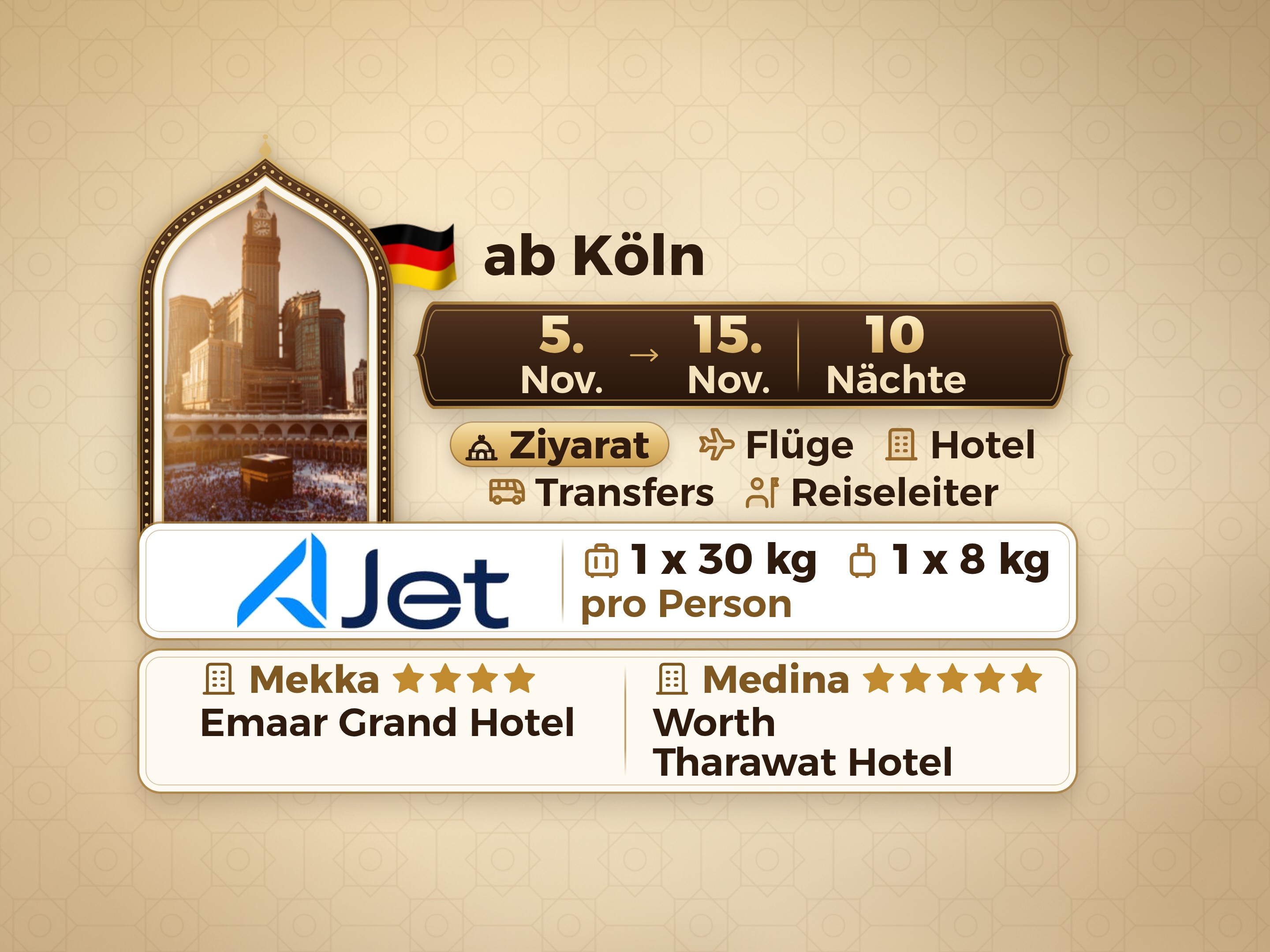 12-Tage-Umrah-Paket ab Köln, Tharawat Worth Madinah und Emaar Grand Makkah, Mekka – Umrah Express – 1